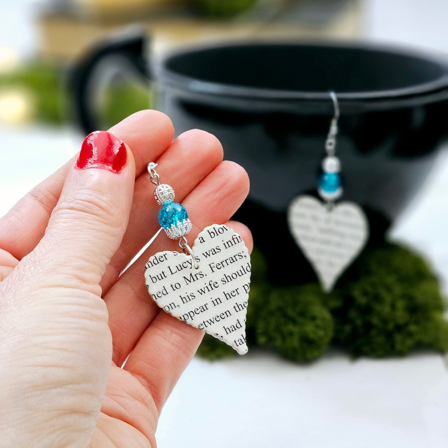 Heart Dangle Book Page Earrings for Teacher Appreciation Gift, Book Club Gift Exchange or 1st Anniversary Gift