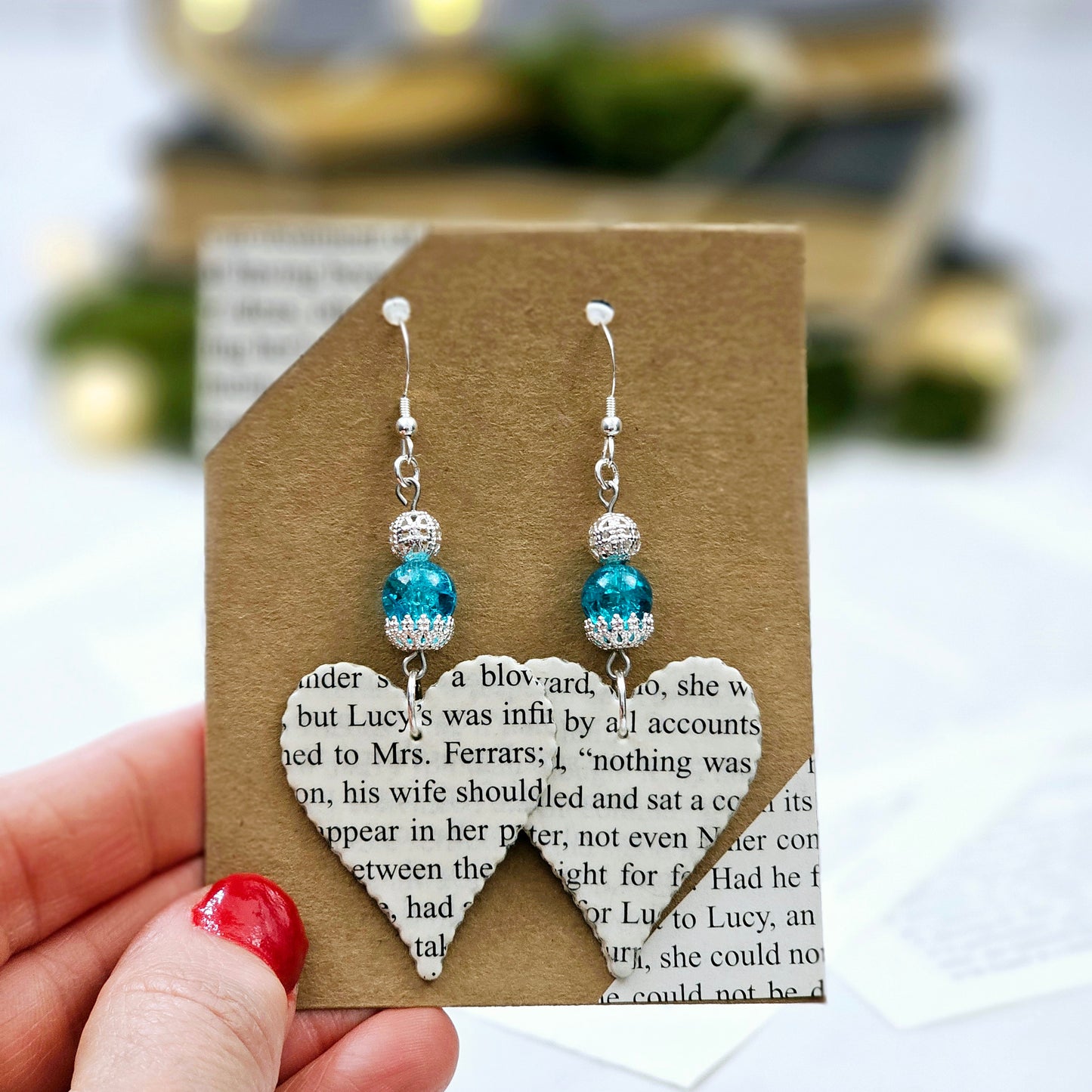Heart Dangle Book Page Earrings for Teacher Appreciation Gift, Book Club Gift Exchange or 1st Anniversary Gift