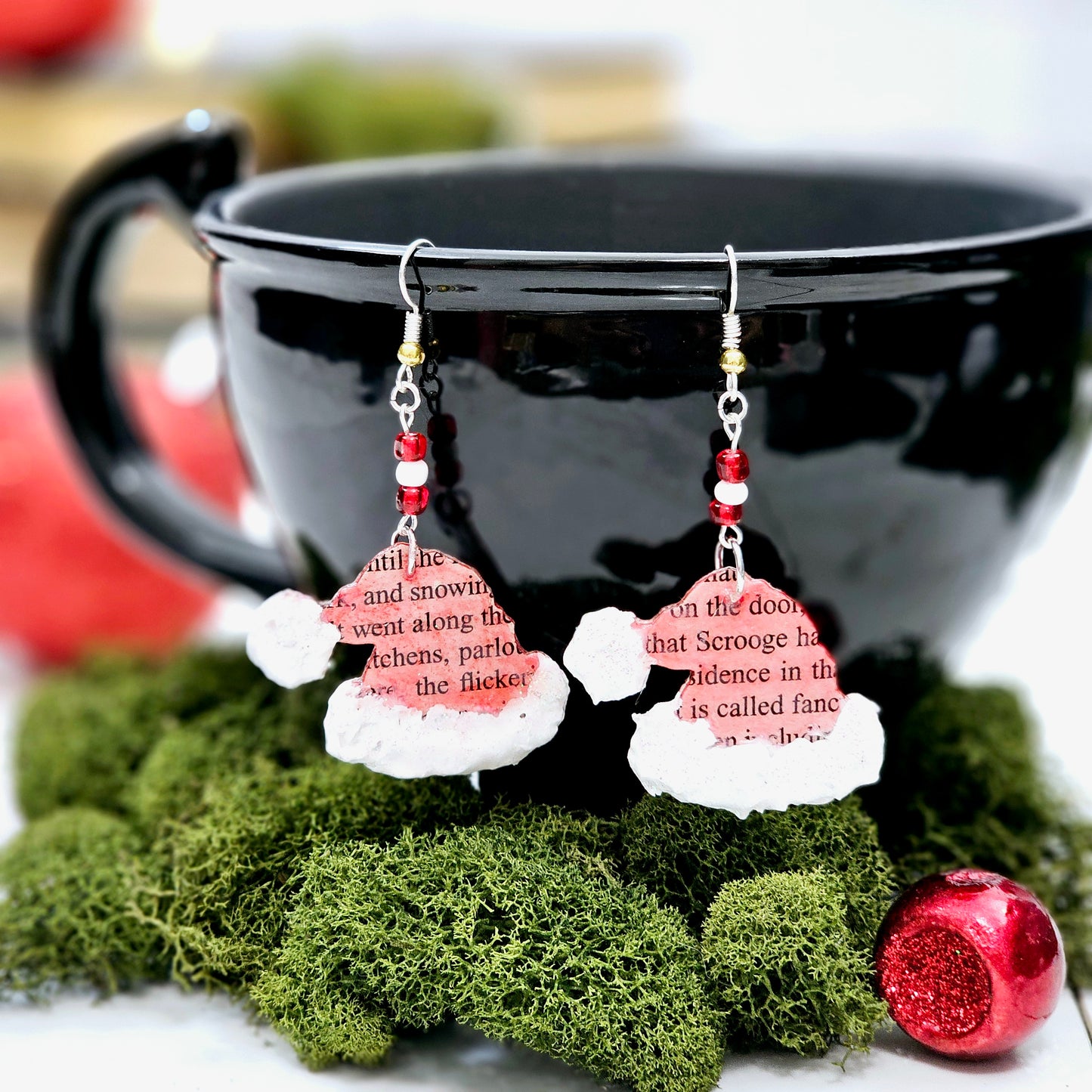 Santa Hat Book Page Earrings for Book Club Gift Exchange and Teacher Gifts