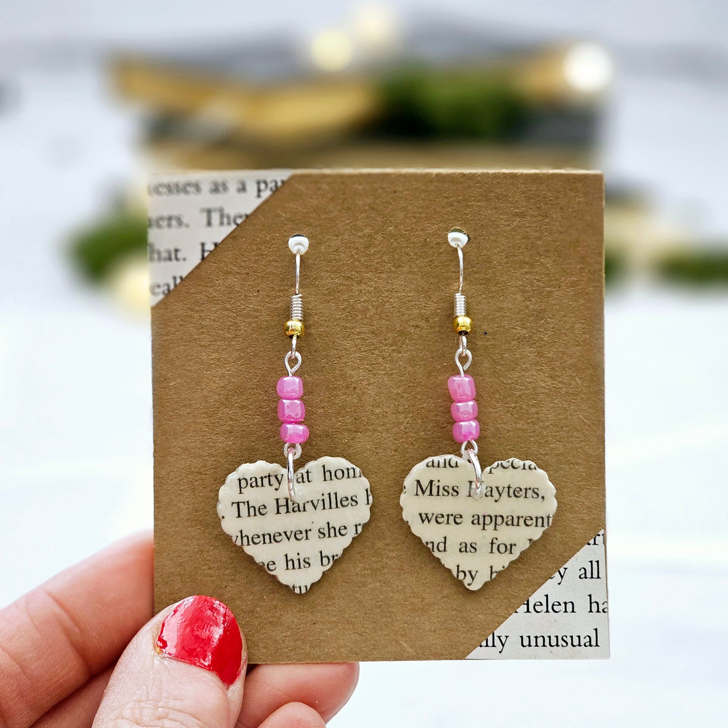 Heart Dangle Book Page Earrings for Book Lover, Teacher, 1st Anniversary or Book Club Gift
