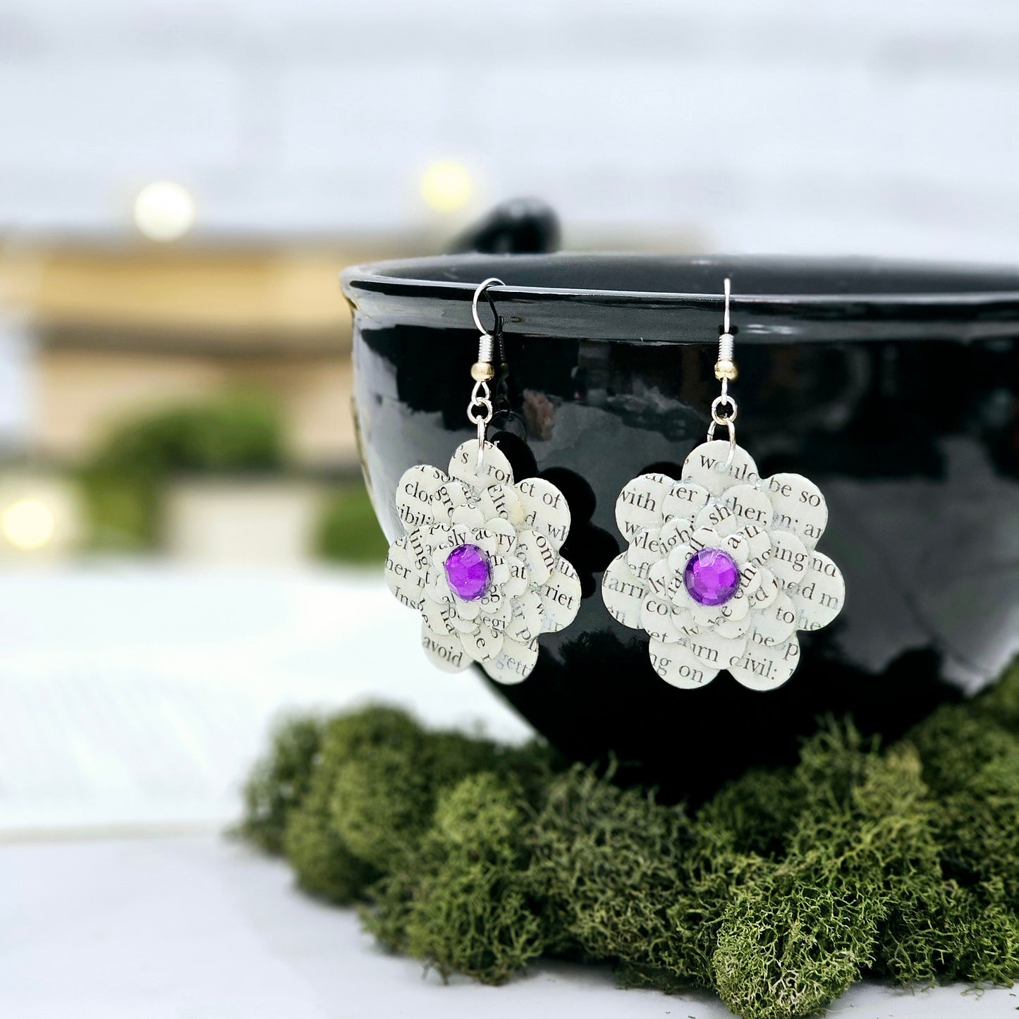 Flower Dangle Book Page Earrings