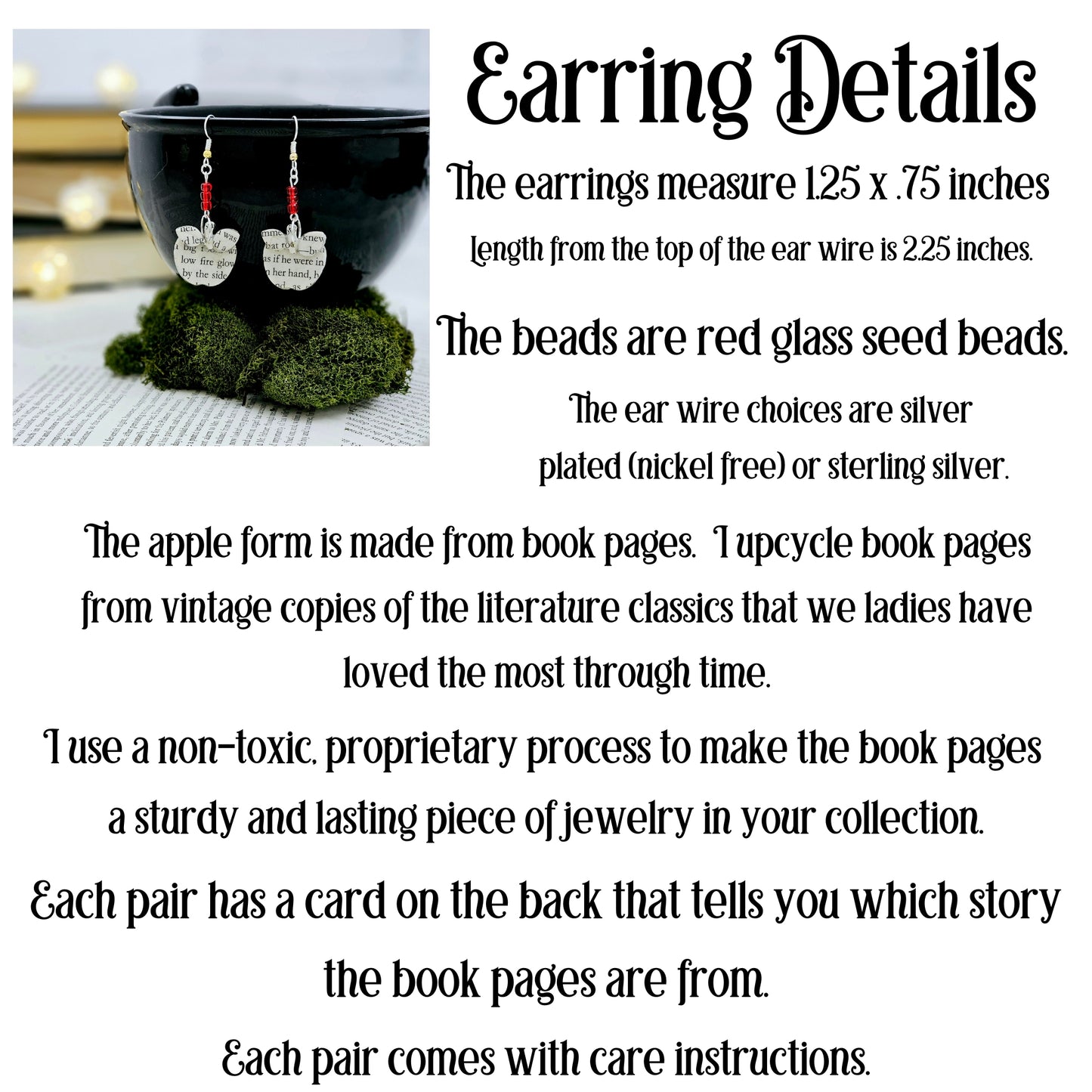 Apple Dangle Earrings made from upcycled book pages. The top of the earring has 3 red glass seed beads.