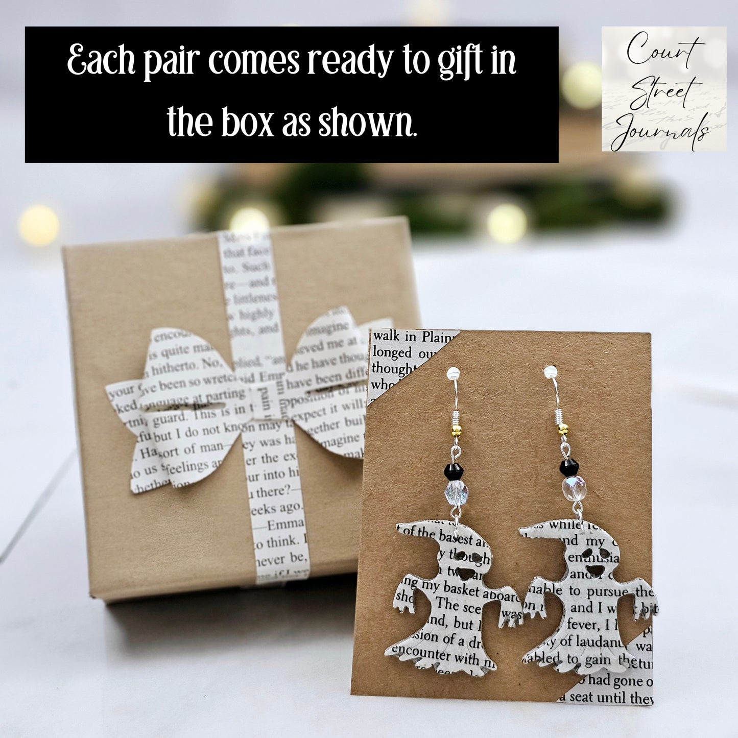 The earrings come with a book page gift box.