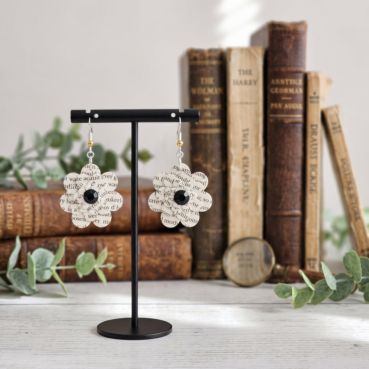 Black Flower Book Page Earrings | Literary Dangle Earrings for Book Lovers