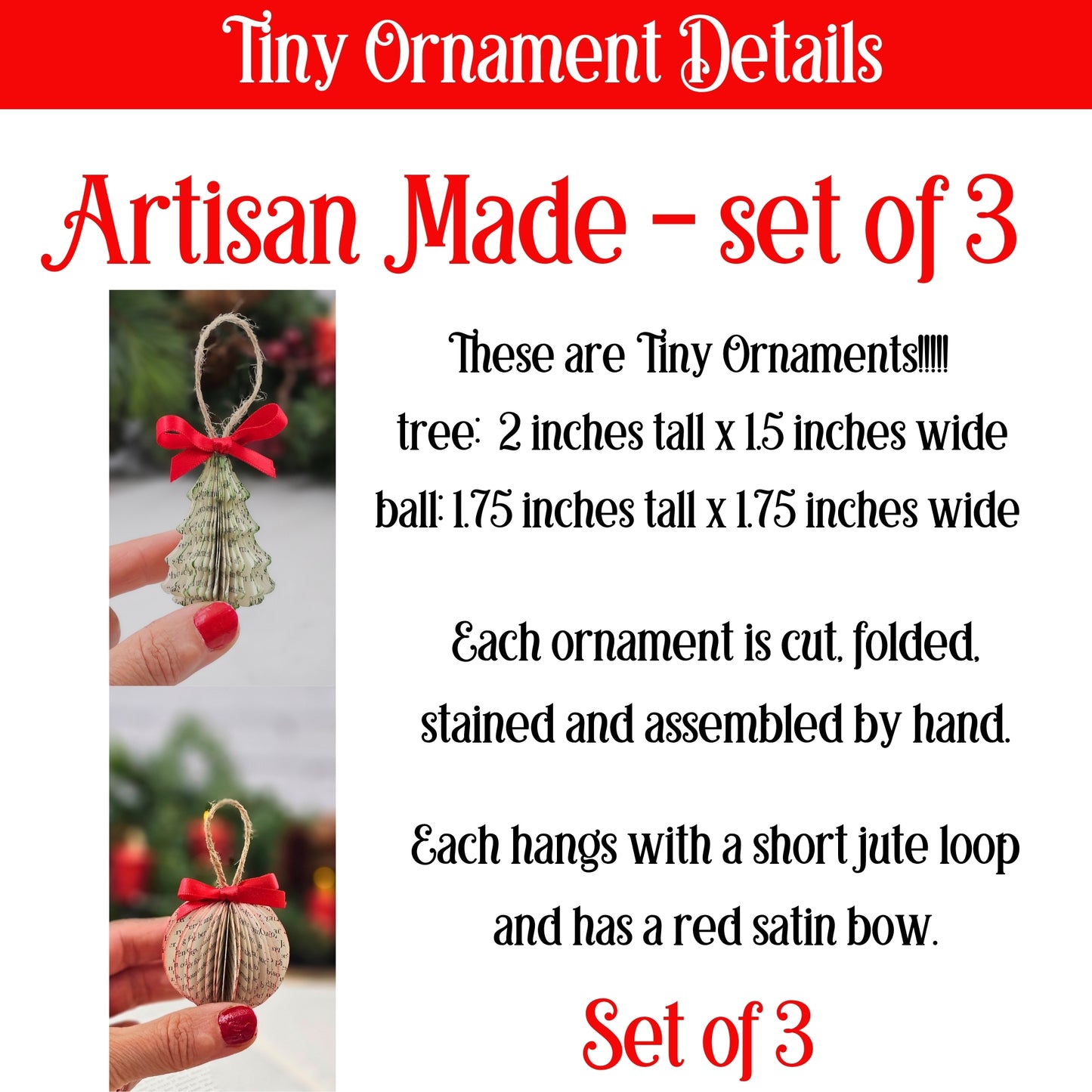 Tiny Book Page Christmas Tree Ornaments, Set of 3, Trees and Ball