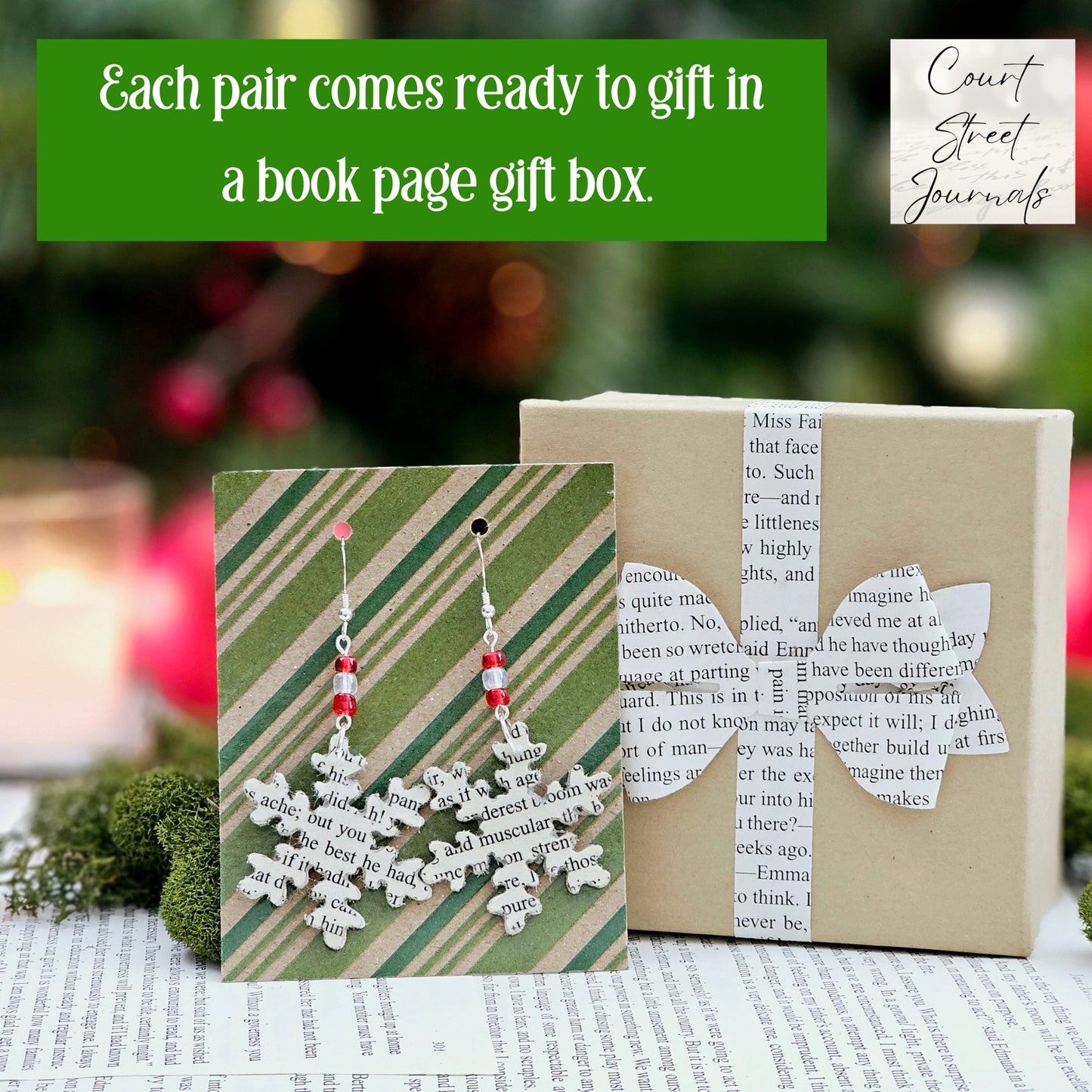 Snowflake Book Page Dangle Earrings with Red Accent