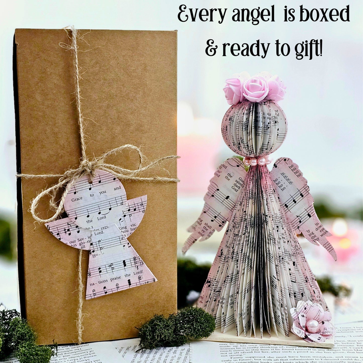Each angel comes in a gift box with a gift tag made from hymn pages.