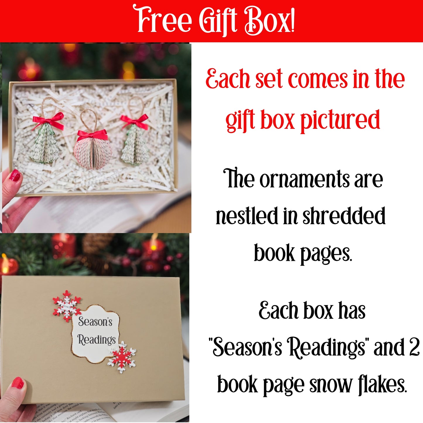 Tiny Book Page Christmas Tree Ornaments, Set of 3, Trees and Ball