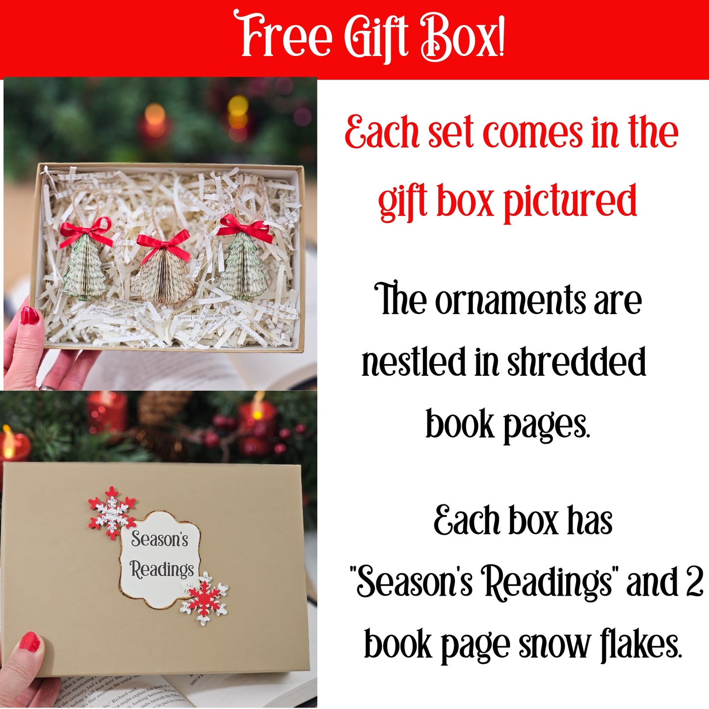 Tiny Book Page Christmas Tree Ornaments, Set of 3, Trees and Bell