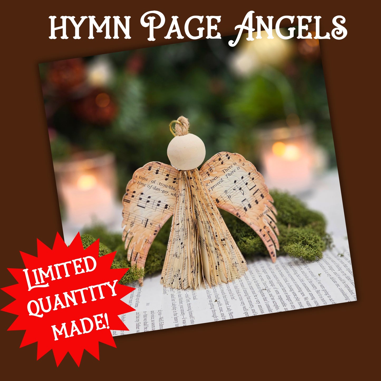 Limited Quantity Made. Angel shaped christmas ornament made from upcycled hymn pages. The head is an unfinished wood bead. Each ornament comes with the ornament hook pictured.
