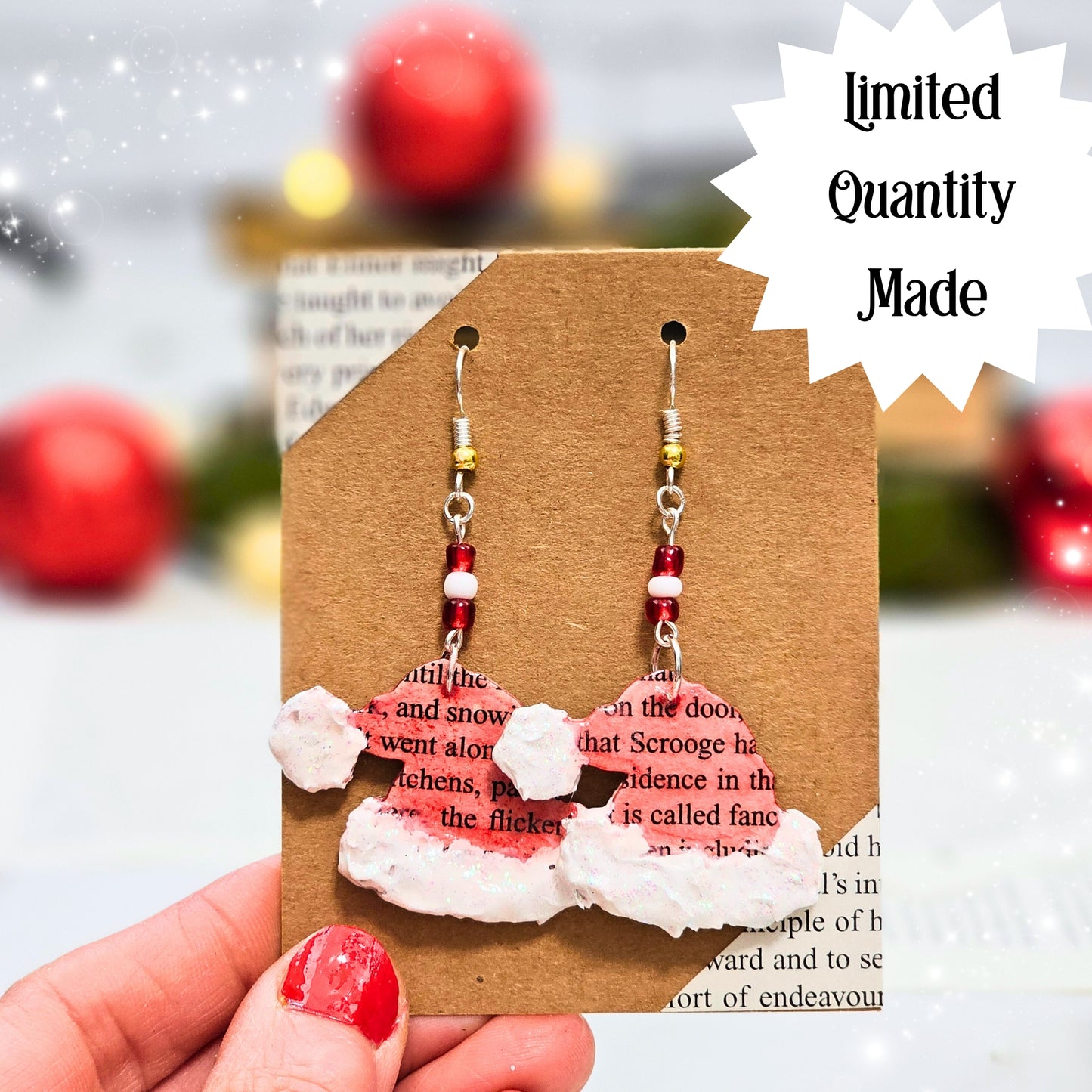 Santa Hat Book Page Earrings for Book Club Gift Exchange and Teacher Gifts