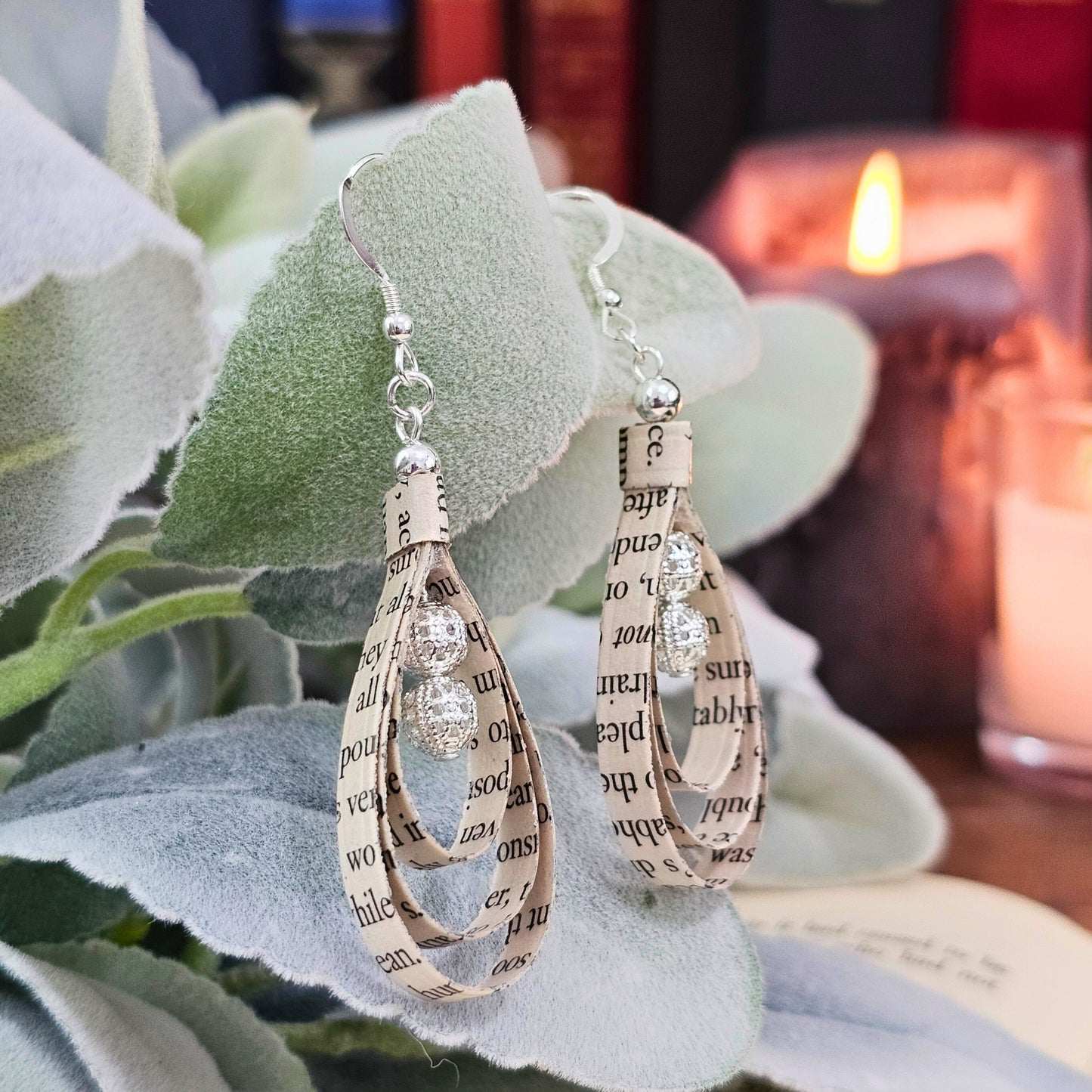 Tear drop shaped book page ornaments. Made from upcyceld book pages taken from literary classes. Sterling Silver Ear wire. Center of tear drop has two silver plated beads.