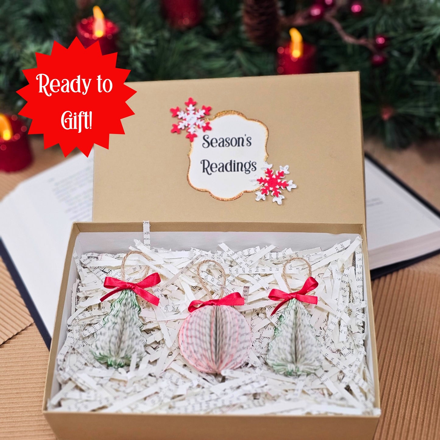 Tiny Book Page Christmas Tree Ornaments, Set of 3, Trees and Ball