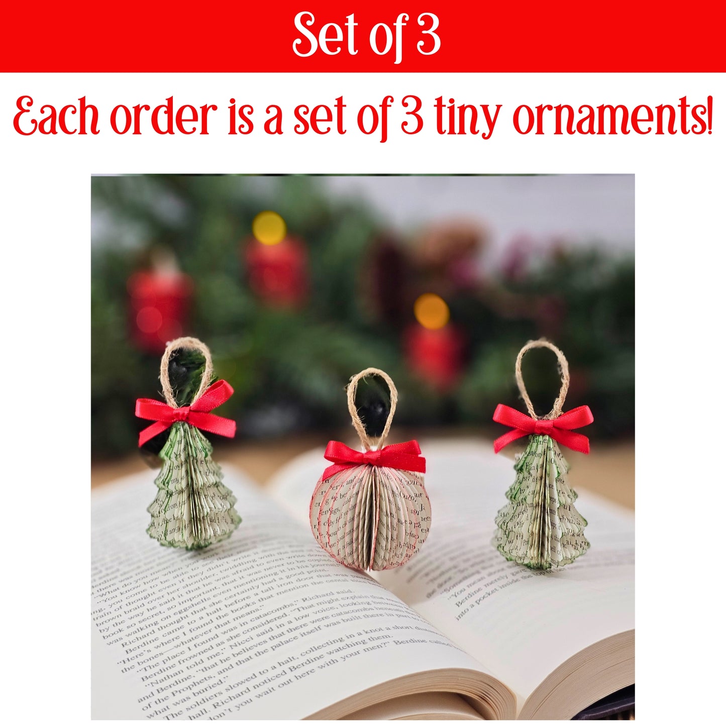 Tiny Book Page Christmas Tree Ornaments, Set of 3, Trees and Ball