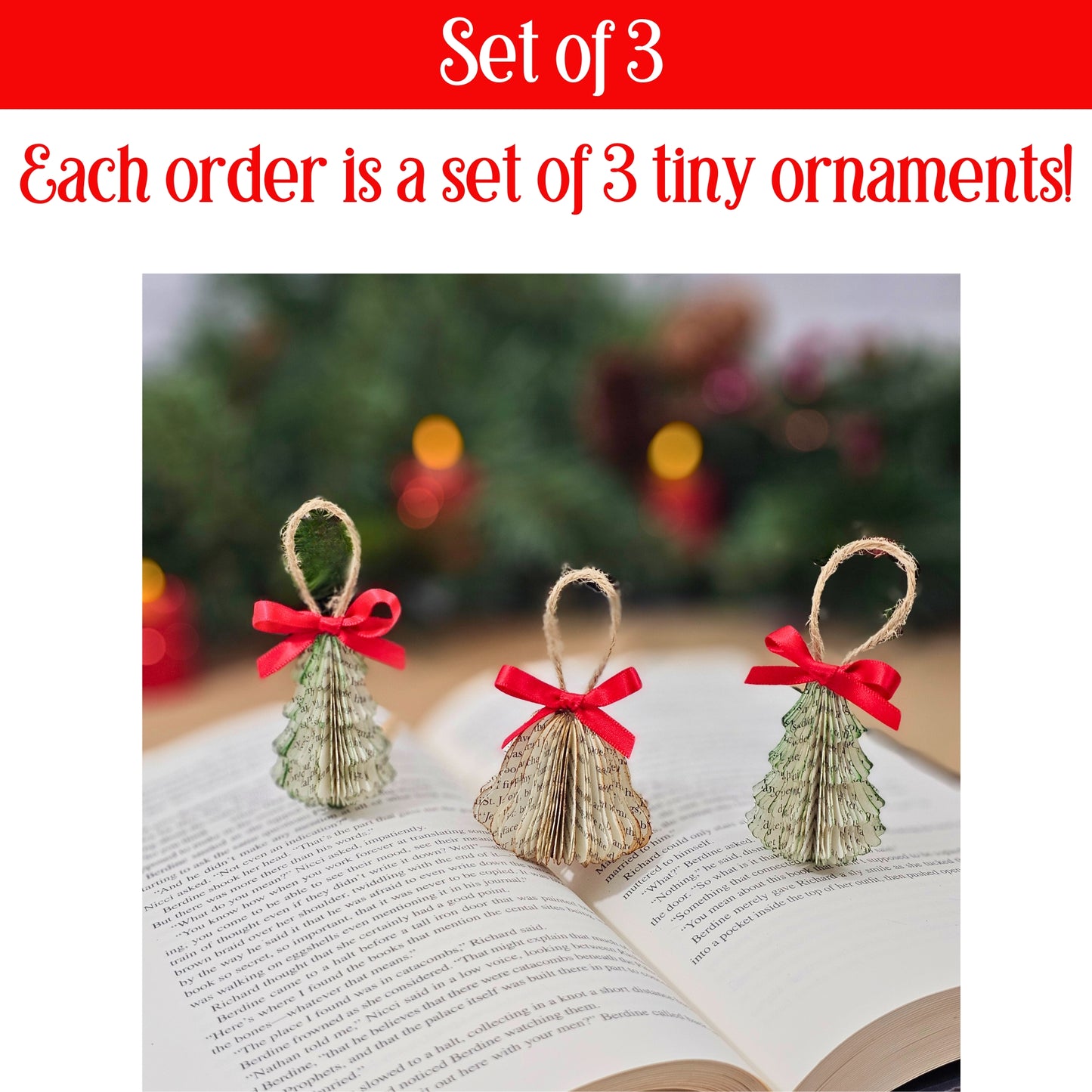 Tiny Book Page Christmas Tree Ornaments, Set of 3, Trees and Bell