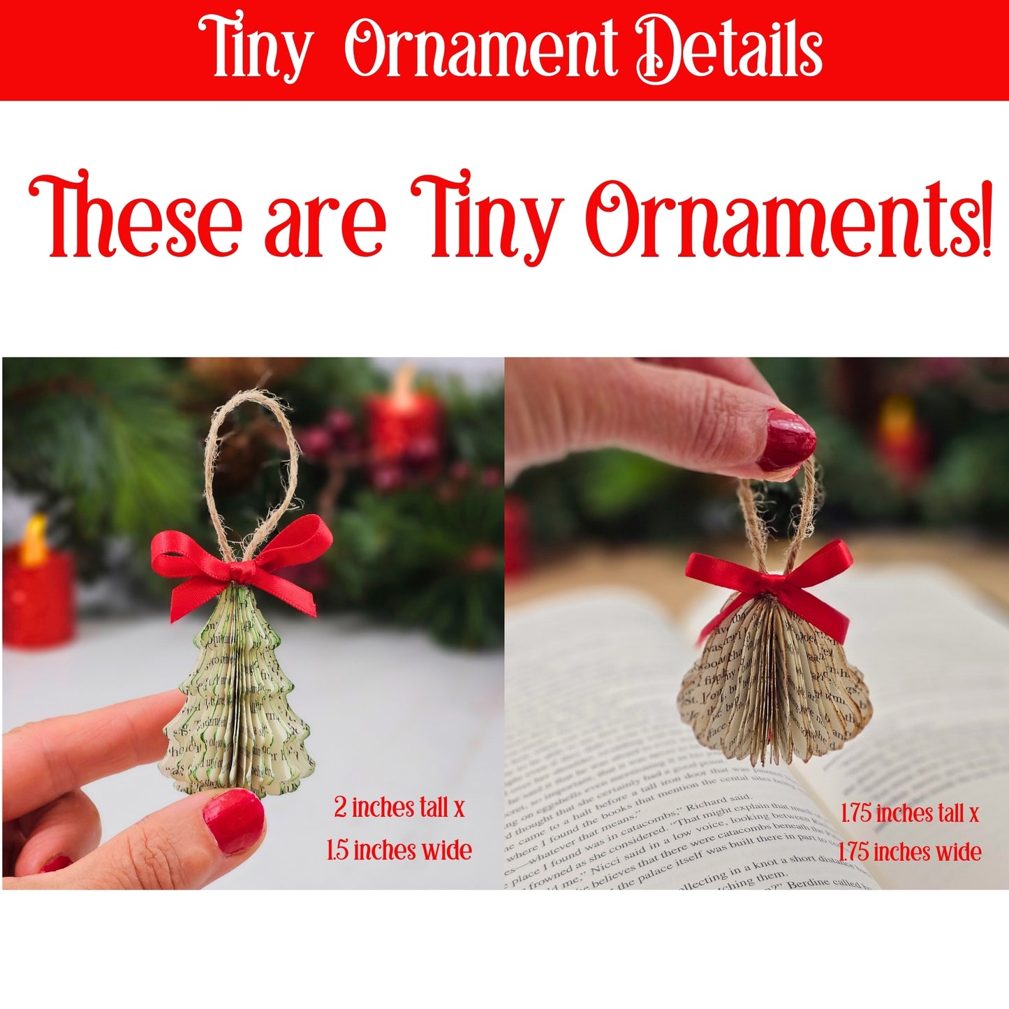 Tiny Book Page Christmas Tree Ornaments, Set of 3, Trees and Bell