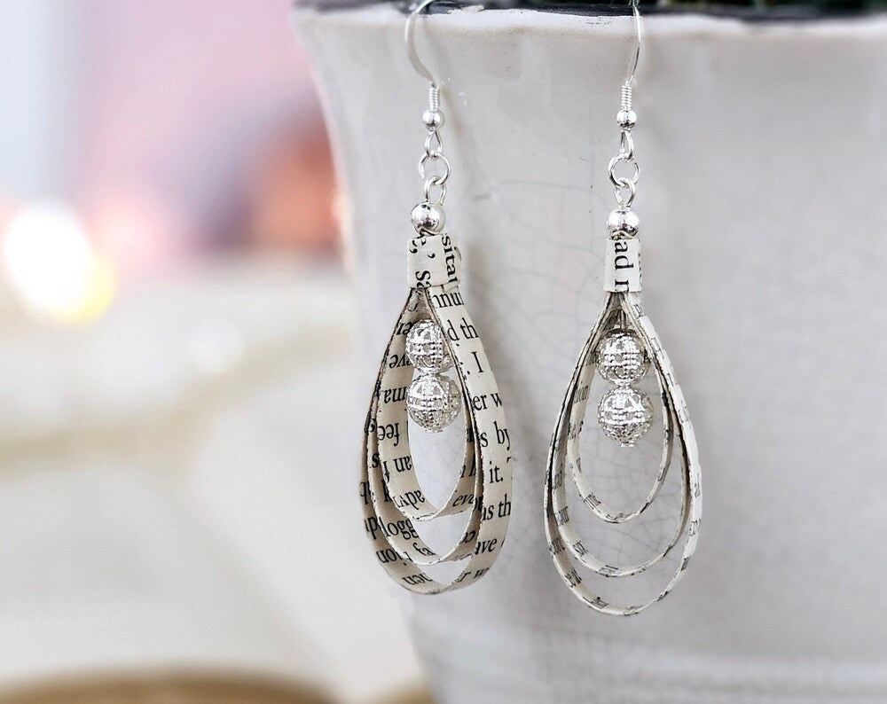 Tear drop shaped book page ornaments. Made from upcyceld book pages taken from literary classes. Sterling Silver Ear wire. Center of tear drop has two silver plated beads.