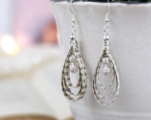 Tear drop shaped book page ornaments.  Made from upcyceld book pages taken from literary classes.  Sterling Silver Ear wire.  Center of tear drop has two silver plated beads.
