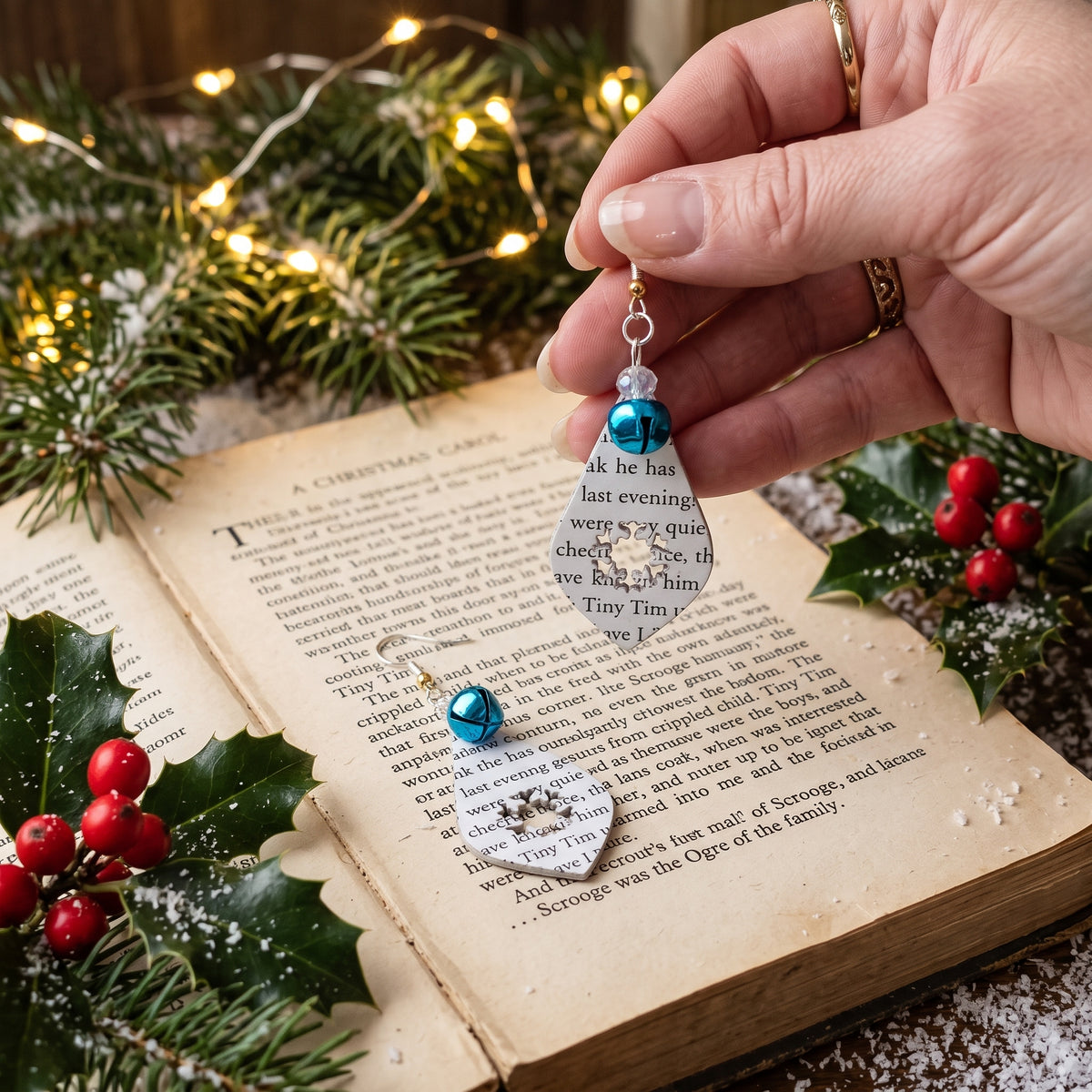 Book Page Snowflake Teardrop Earrings – A Christmas Carol