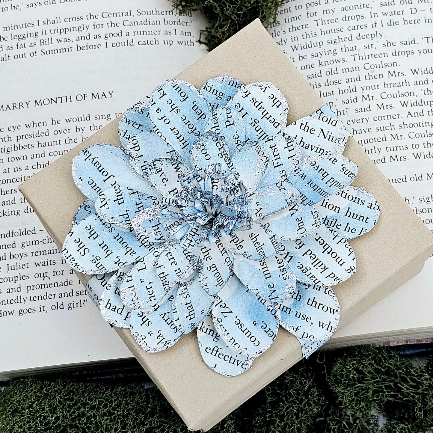 3.5 x 3.5 inch jewelry gift box adorned with a flower made from book pages. It is stained blue and has silver sparkly on the edges.