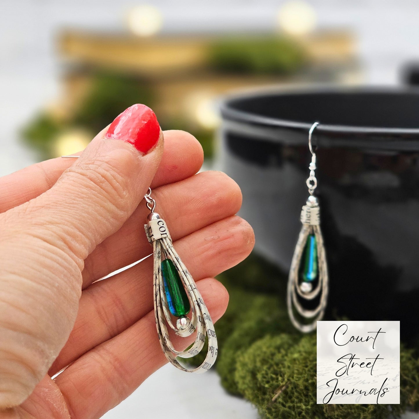 Green Glass Teardrop Book Page Earrings for Book Lover Gift
