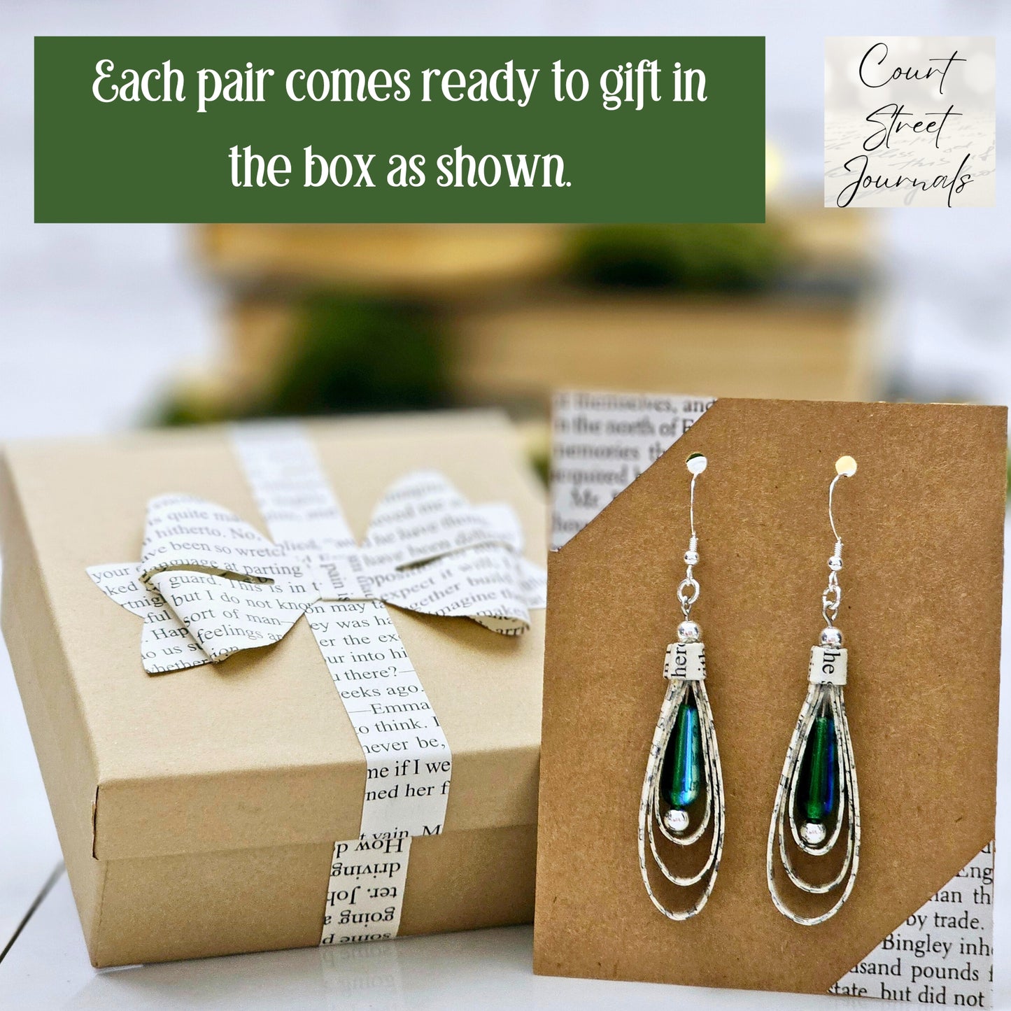 Green Glass Teardrop Book Page Earrings for Book Lover Gift
