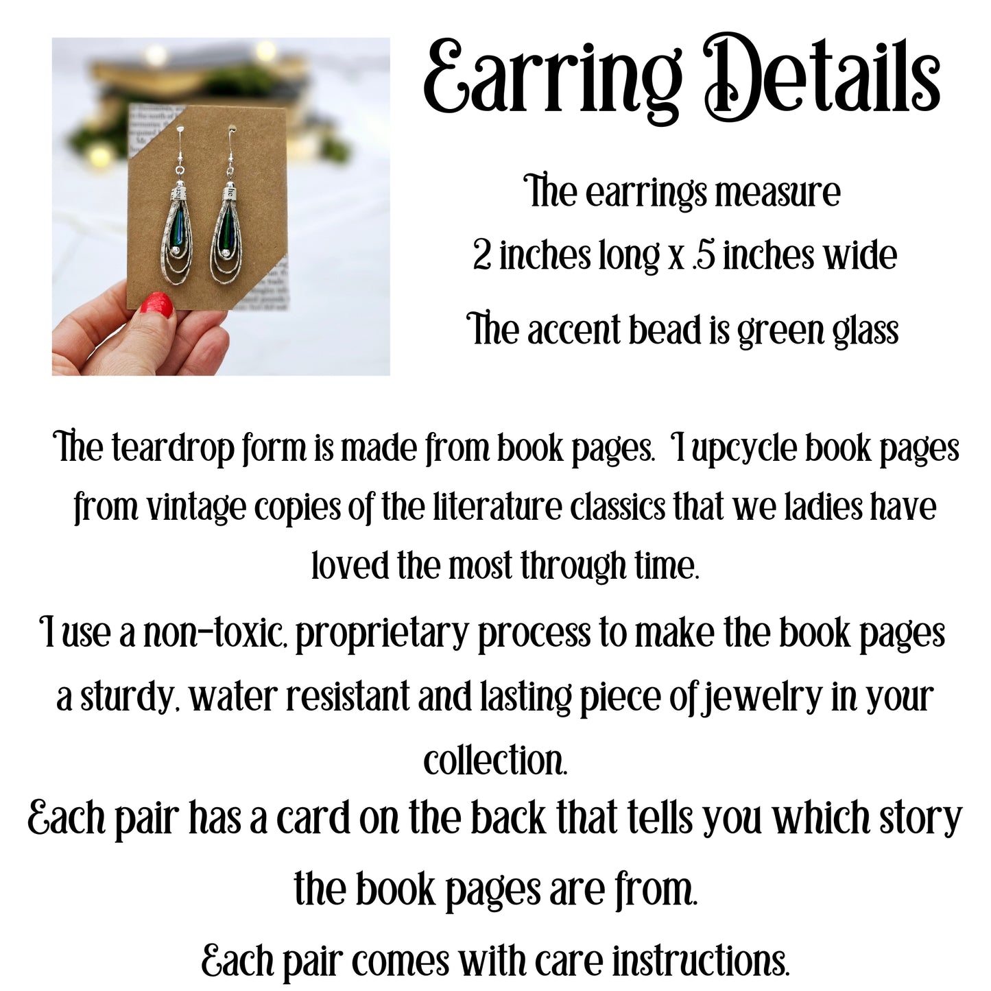 Green Glass Teardrop Book Page Earrings for Book Lover Gift