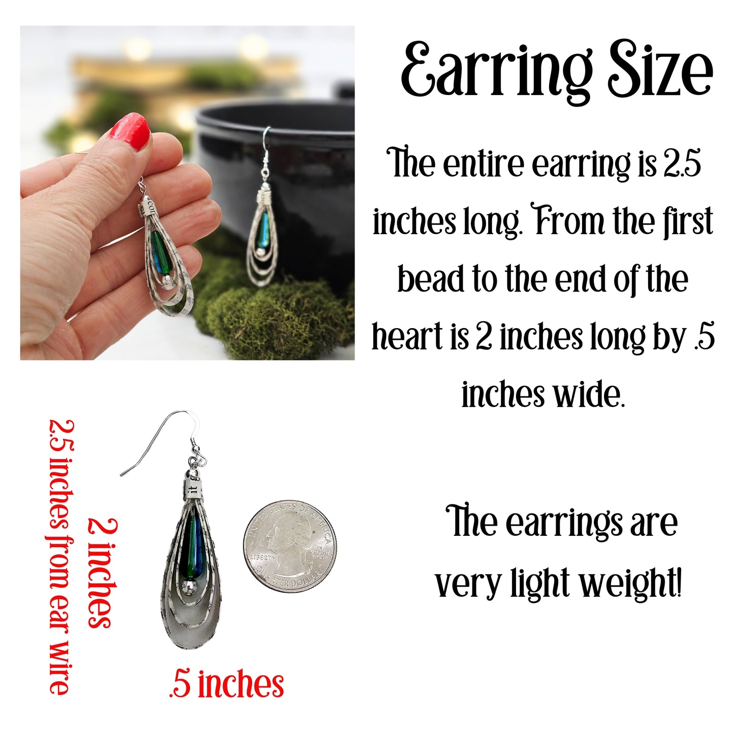 Green Glass Teardrop Book Page Earrings for Book Lover Gift