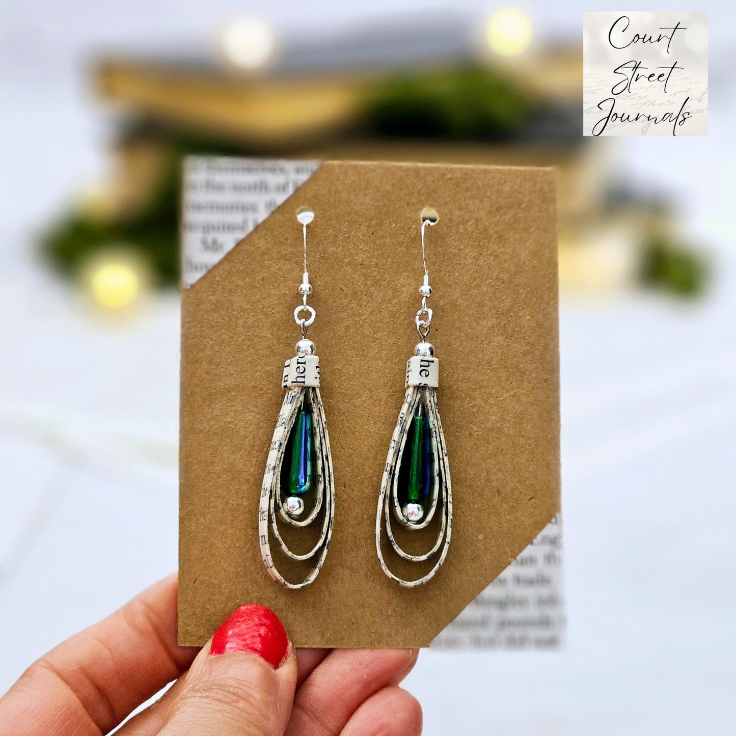 Green Glass Teardrop Book Page Earrings for Book Lover Gift