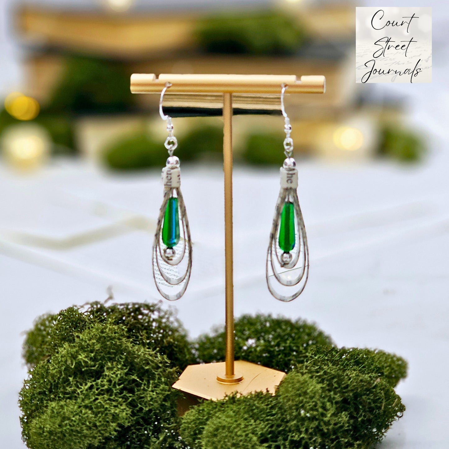Green Glass Teardrop Book Page Earrings for Book Lover Gift