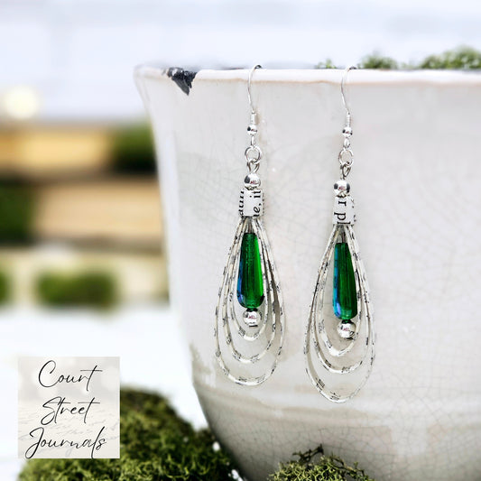 Green Glass Teardrop Book Page Earrings for Book Lover Gift