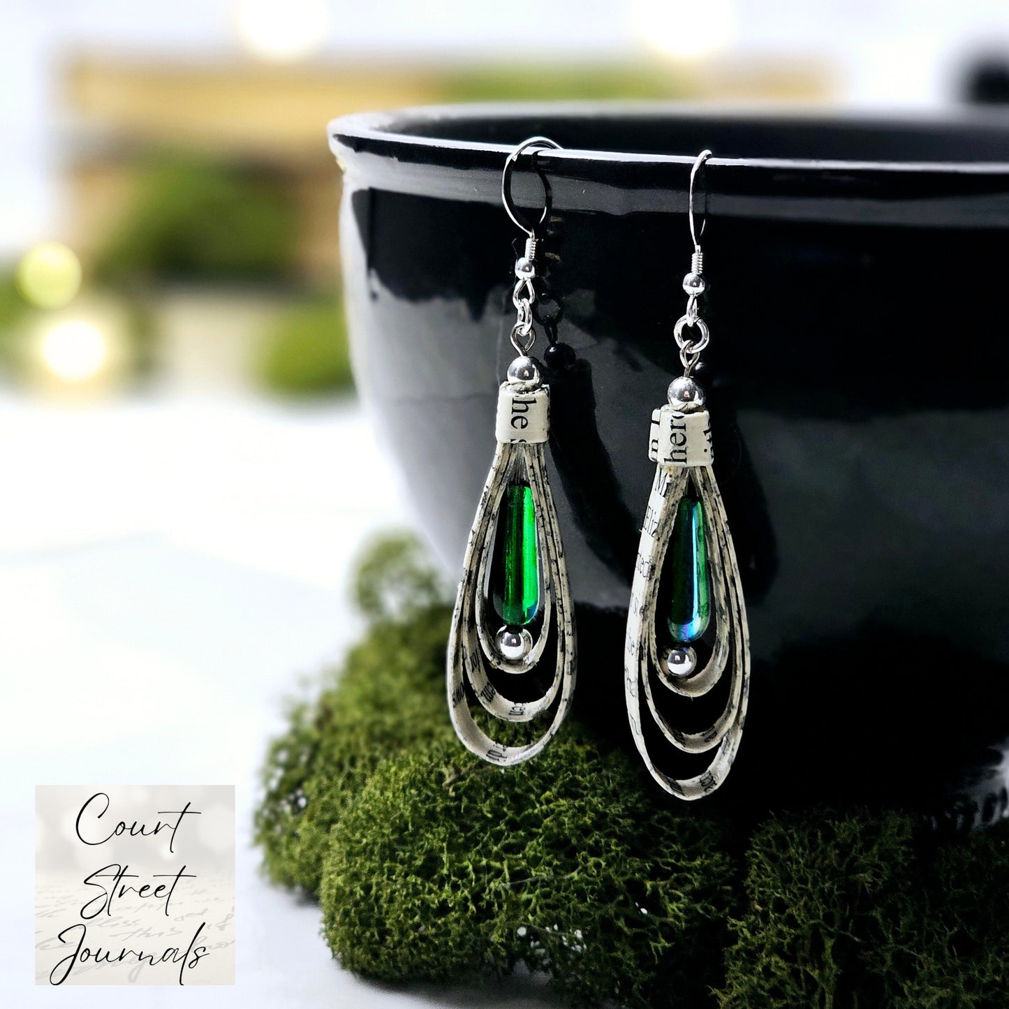 Green Glass Teardrop Book Page Earrings for Book Lover Gift