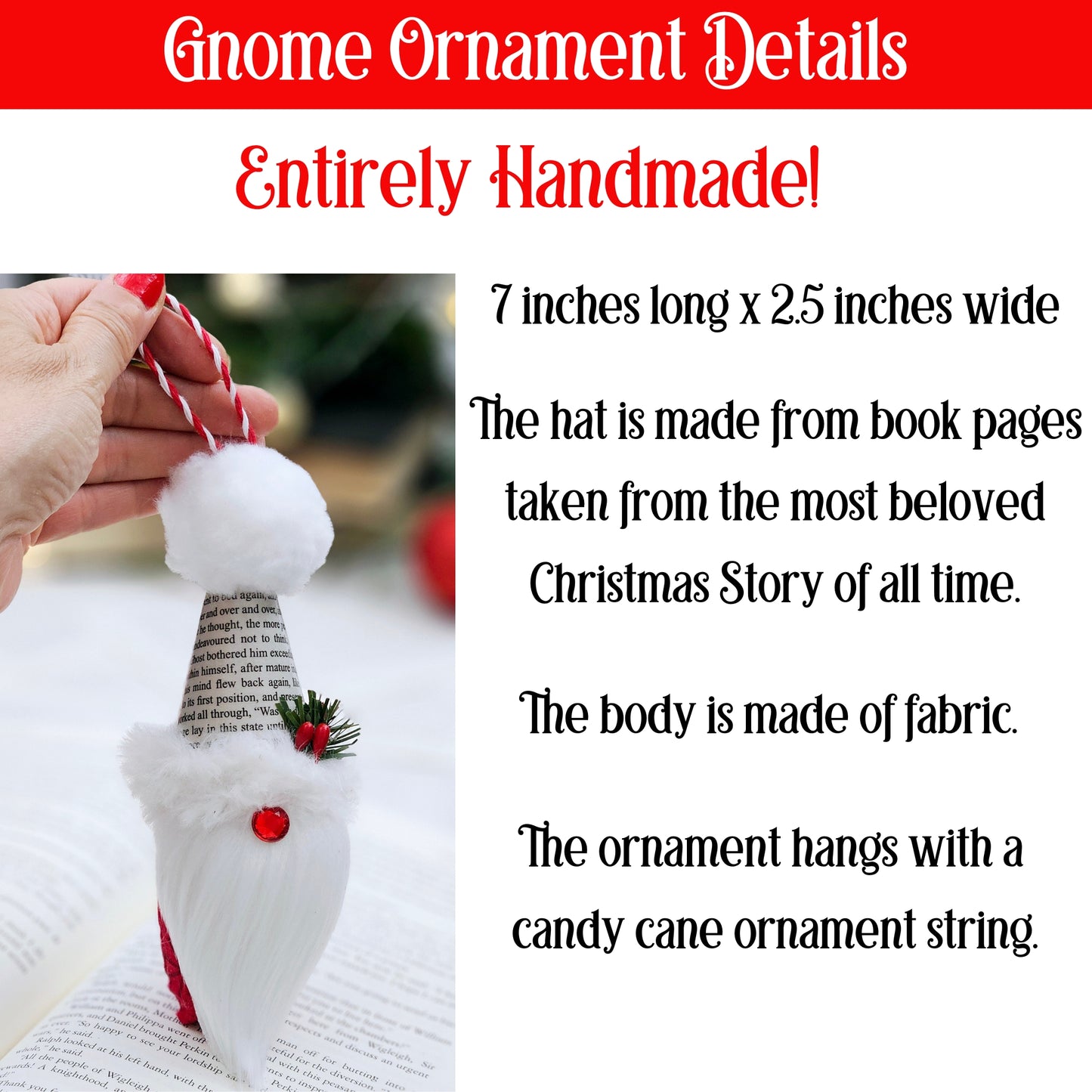 Book Page Gnome Ornament for Book Club, Reader and Teacher Gifts