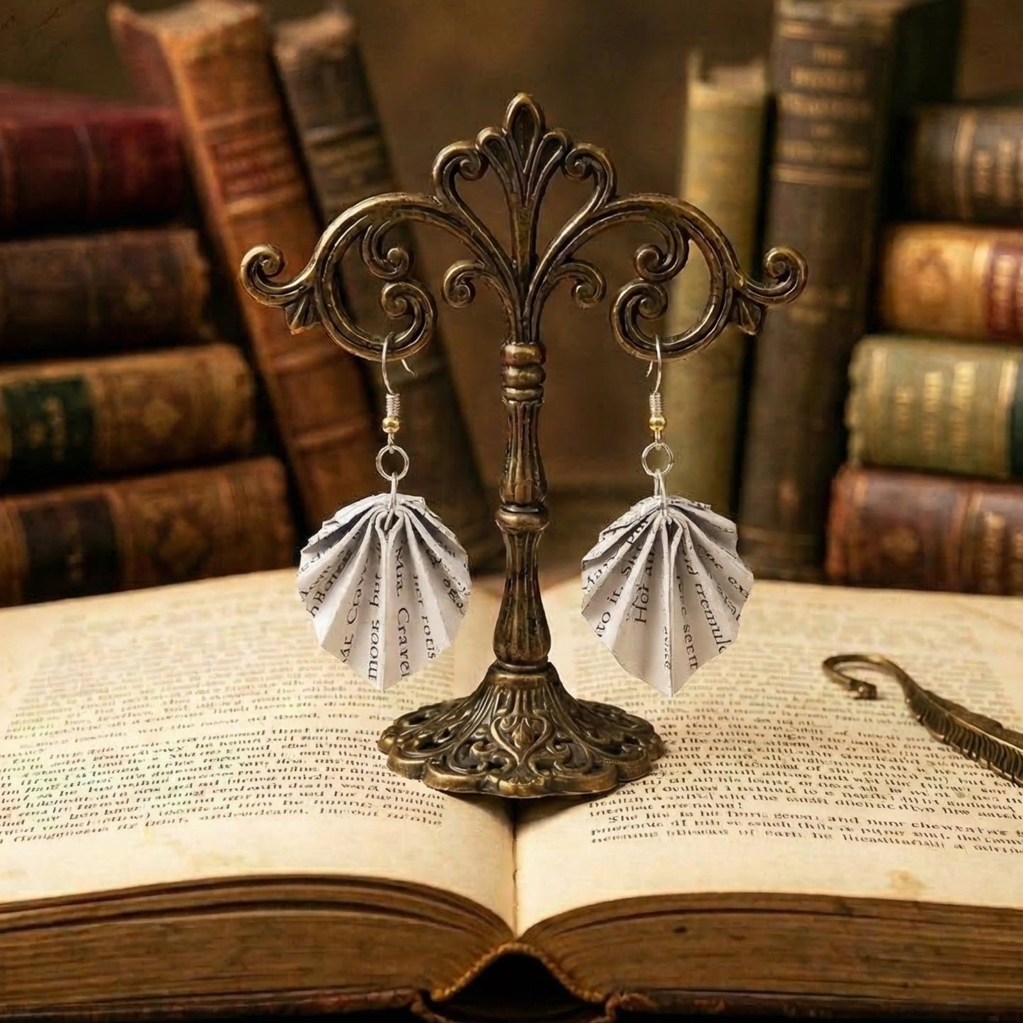 origami earrings made from book pages taken from literary classics