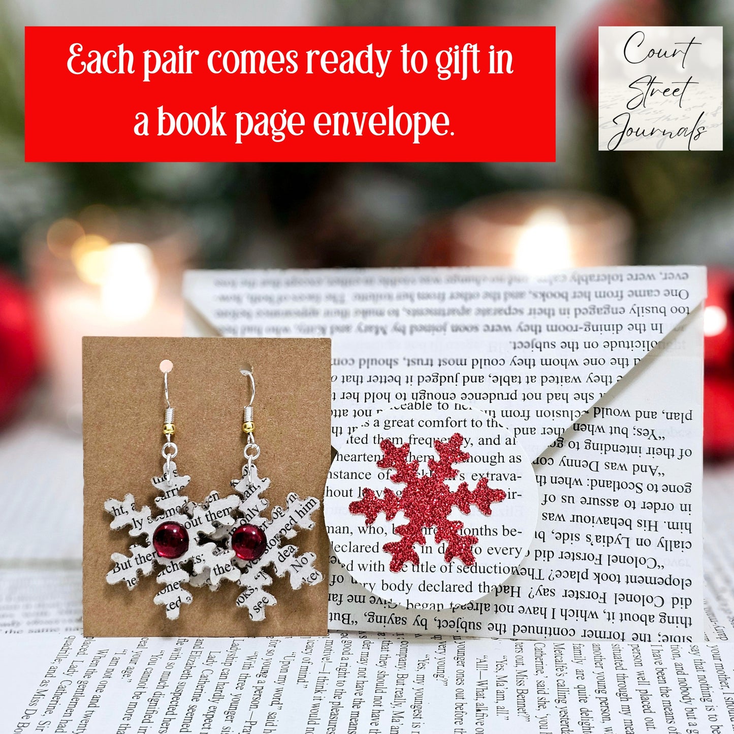 Snowflake Book Page Dangle Earring with Red Accent