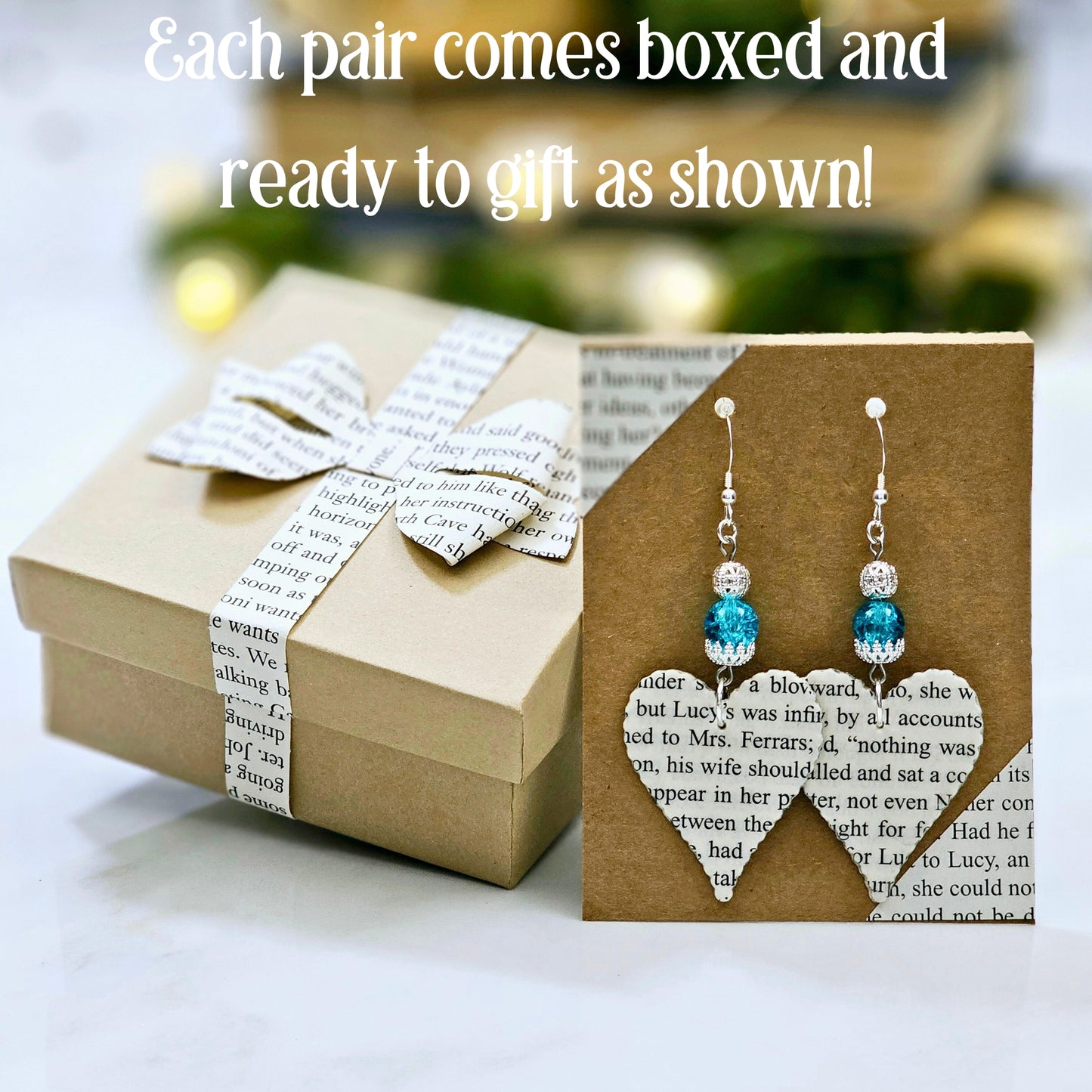 Heart Dangle Book Page Earrings for Teacher Appreciation Gift, Book Club Gift Exchange or 1st Anniversary Gift