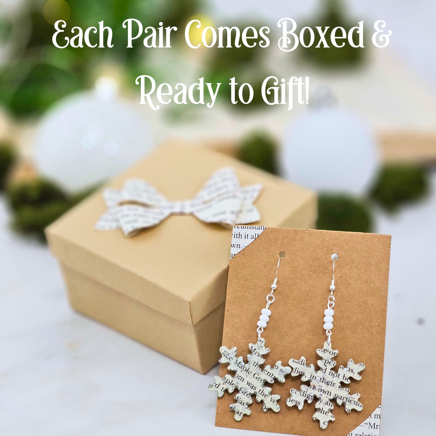 Snowflake Book Page Dangle Earrings for Book Lover Christmas Gift, Book Club Gift Exchange