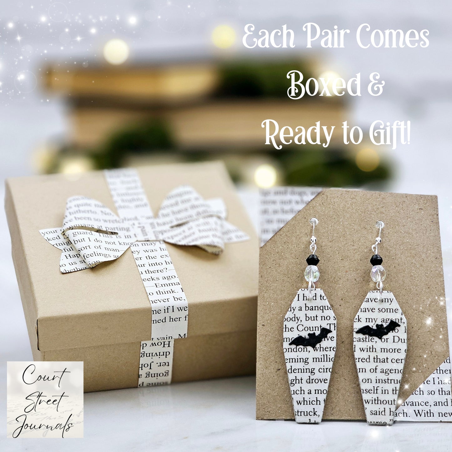 Coffin Book Page Earrings, Gothic Core Jewelry, Vampire Earrings