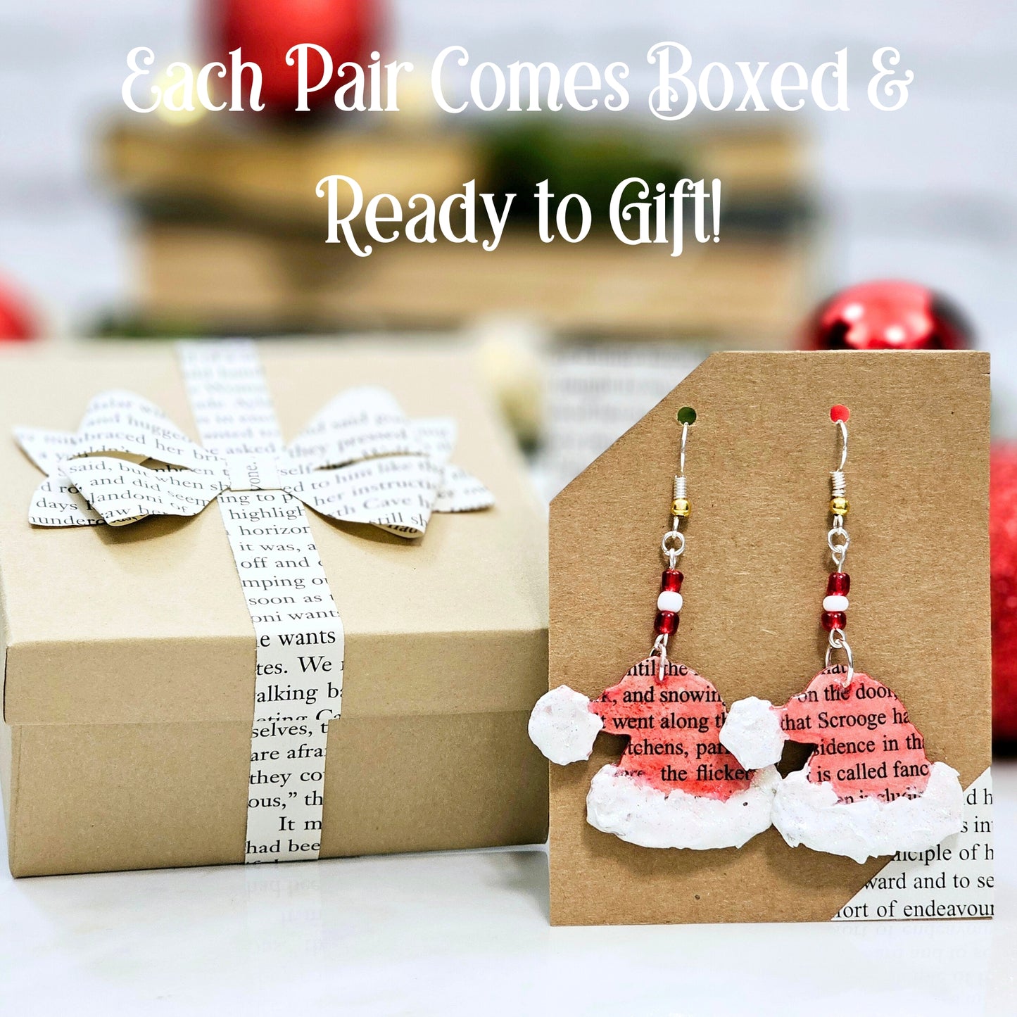 Santa Hat Book Page Earrings for Book Club Gift Exchange and Teacher Gifts