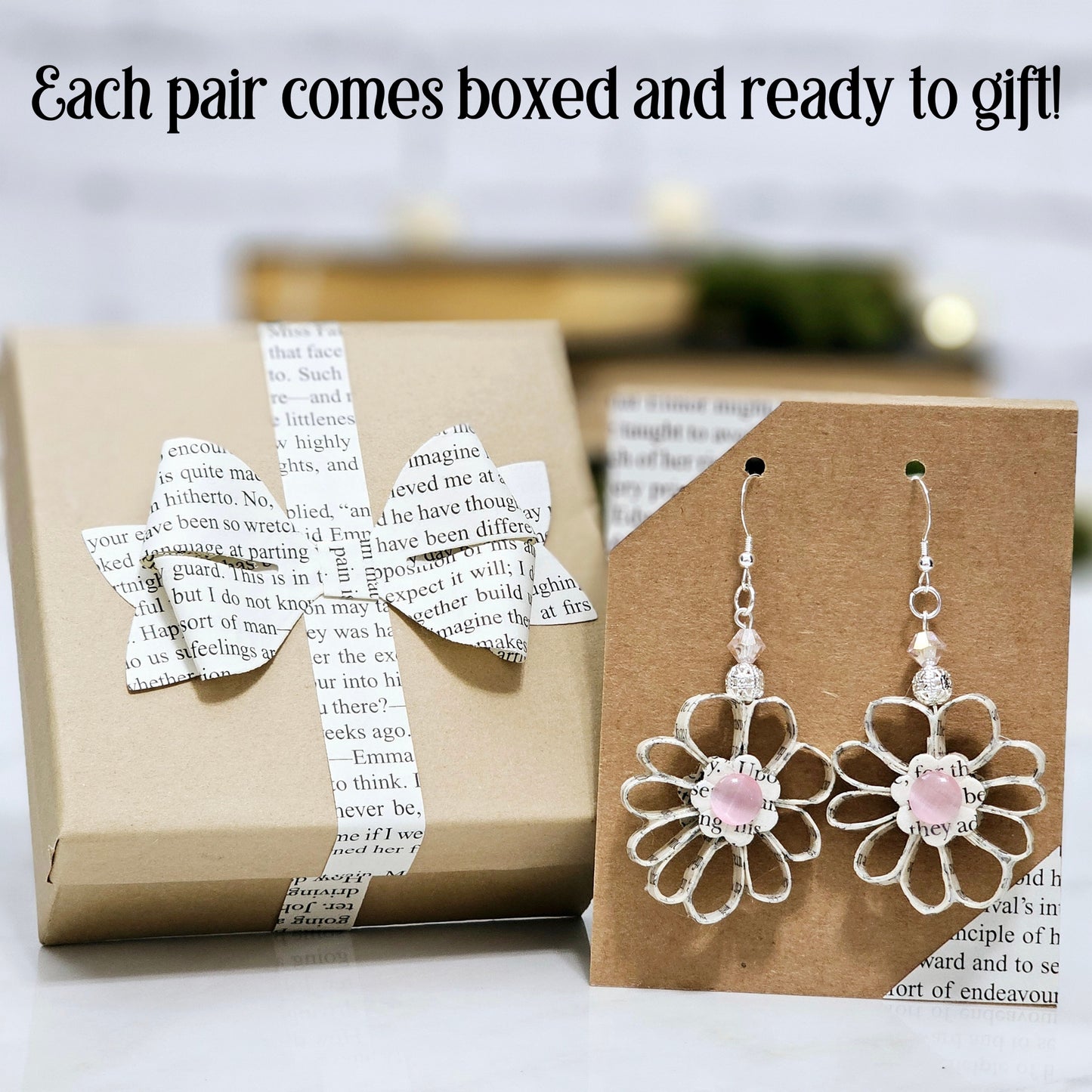 Flower Dangle Book Page Earrings for Book Lover Gift Idea