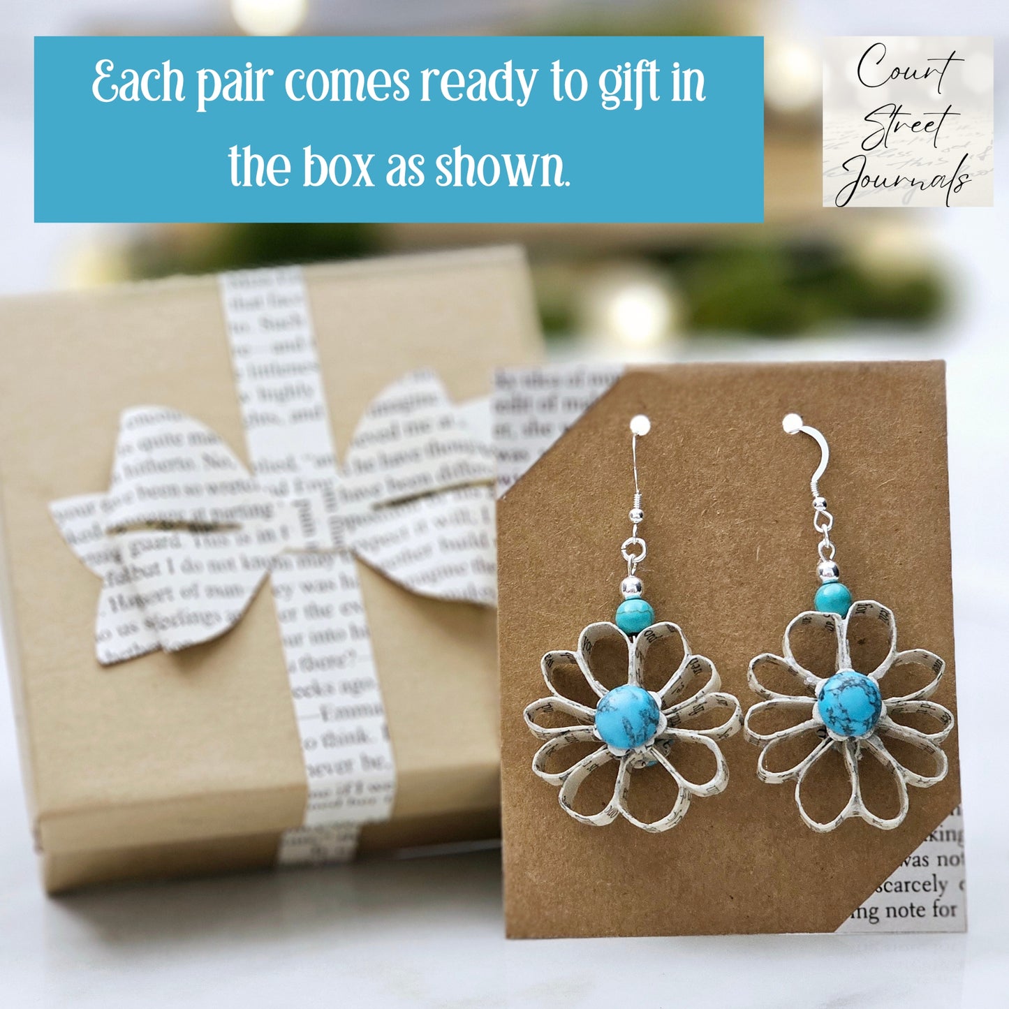 Flower Dangle Book Page Earring with Turquoise Cabachon, Gift for Book Lover