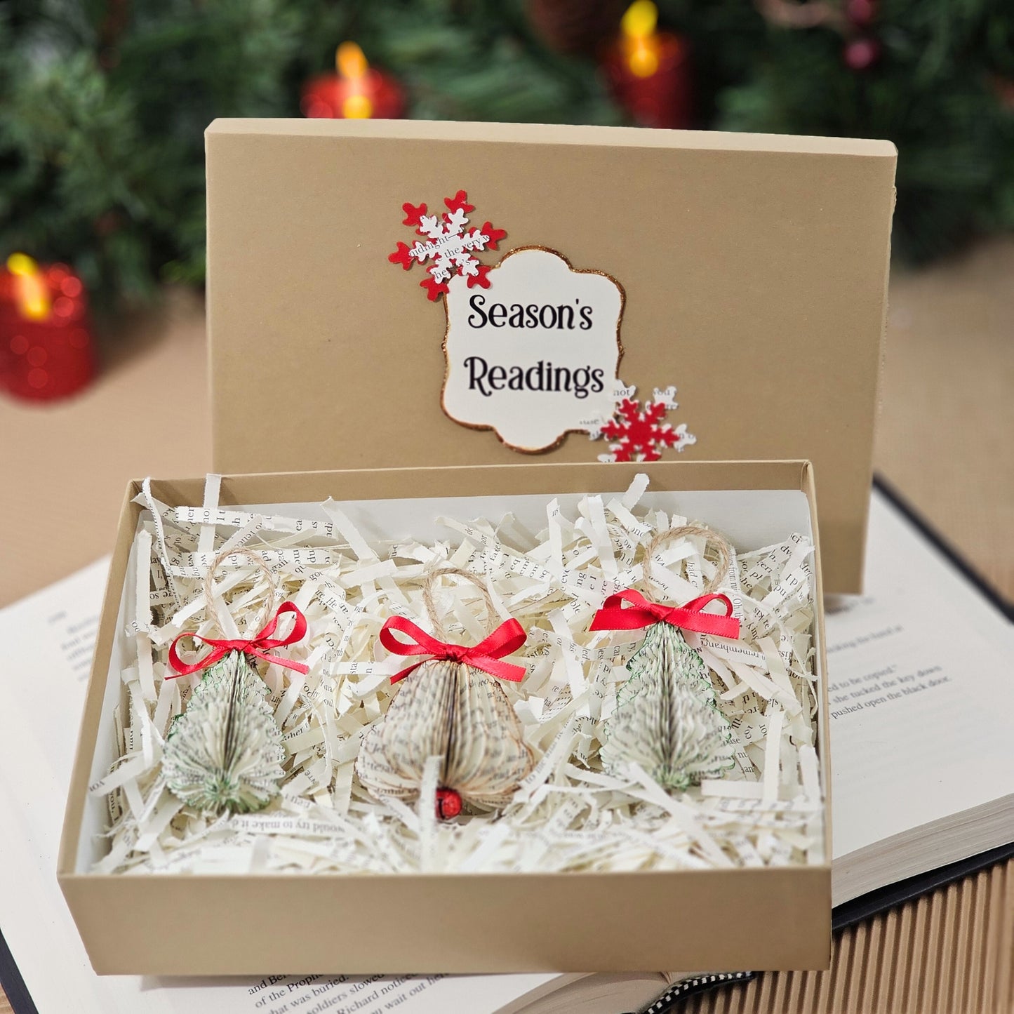 Tiny Book Page Christmas Tree Ornaments, Set of 3, Trees and Bell