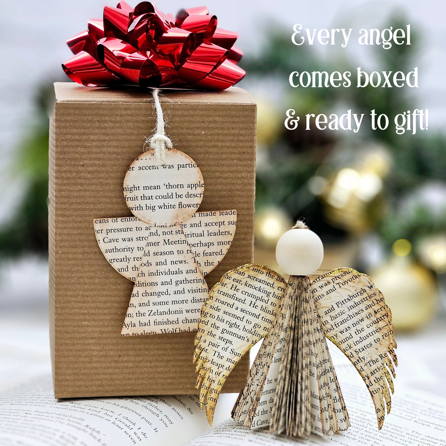 Handmade Upcycled Book Page Christmas Ornament, with Gift Box, Bow and Gift Tag