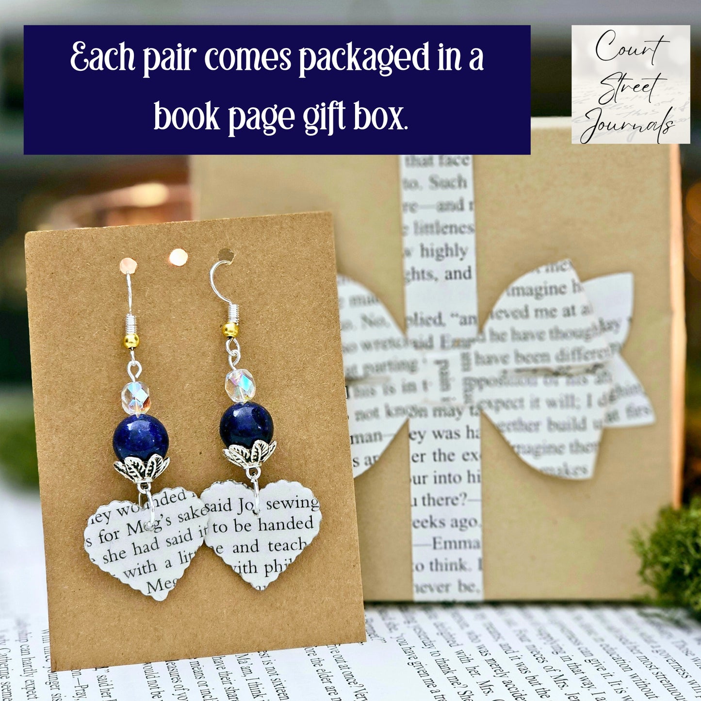 Book Page Heart Dangle Earring with Blue Accent