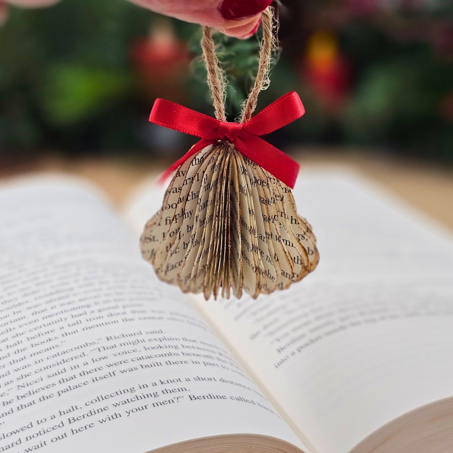 Tiny Book Page Christmas Tree Ornaments, Set of 3, Trees and Bell