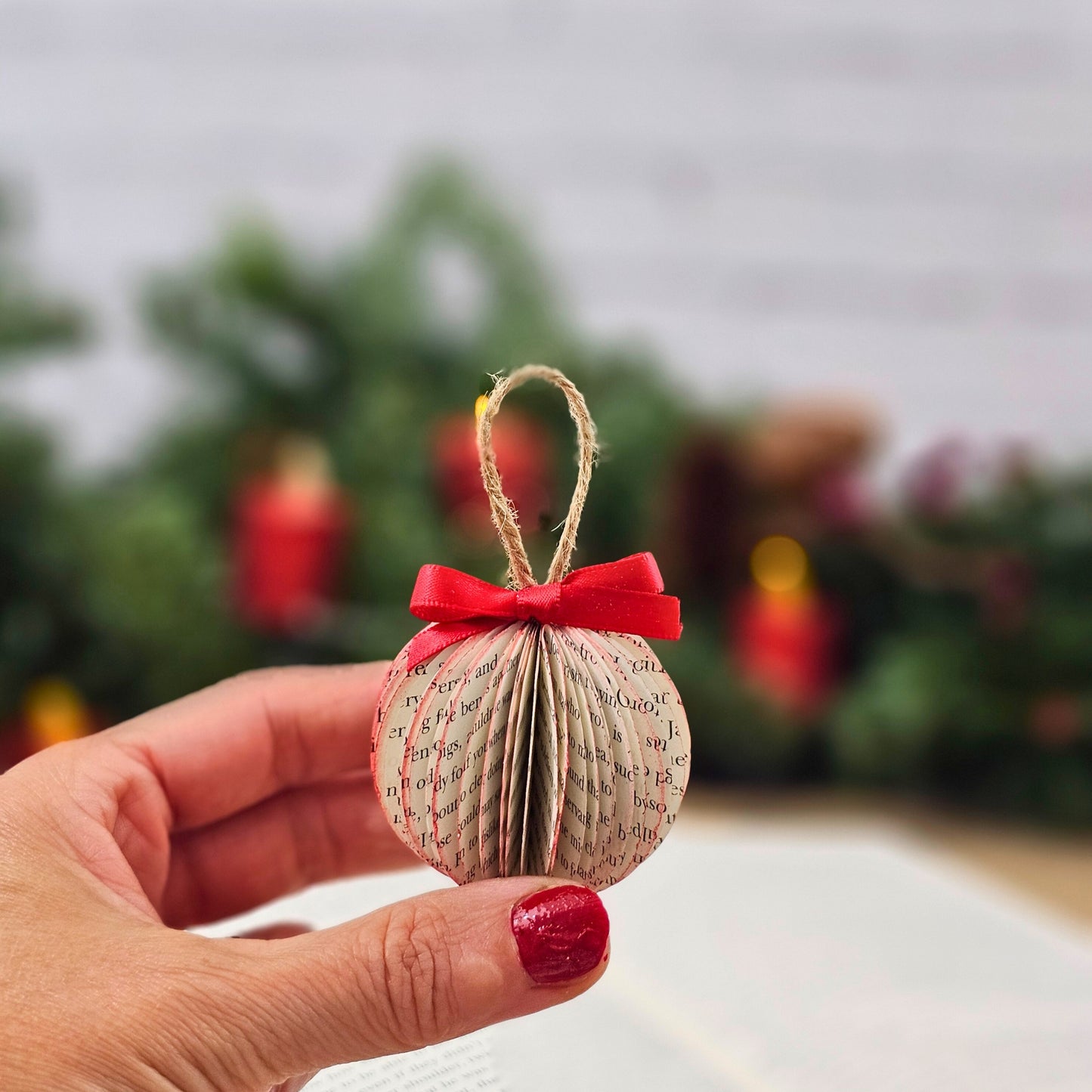 Tiny Book Page Christmas Tree Ornaments, Set of 3, Trees and Ball