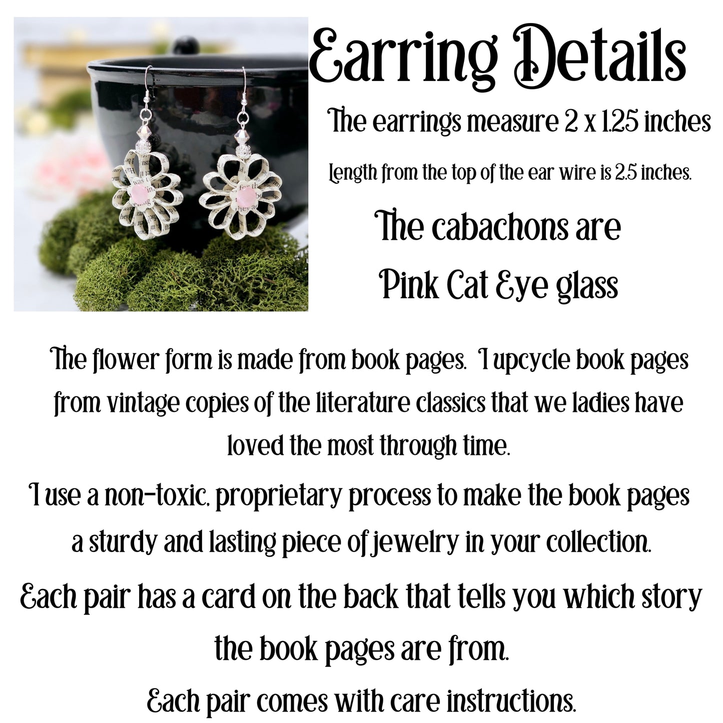 Flower Dangle Book Page Earrings for Book Lover Gift Idea