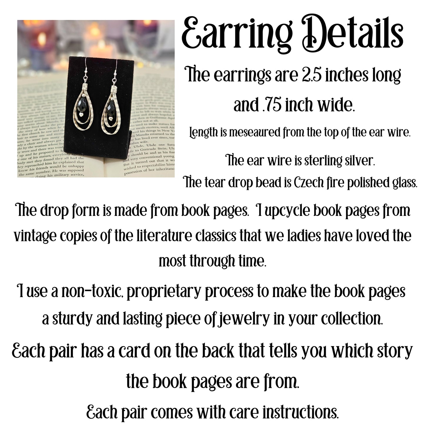 Book Page Tear Drop Earrings for Book Lover, Teacher and Book Club Gifts