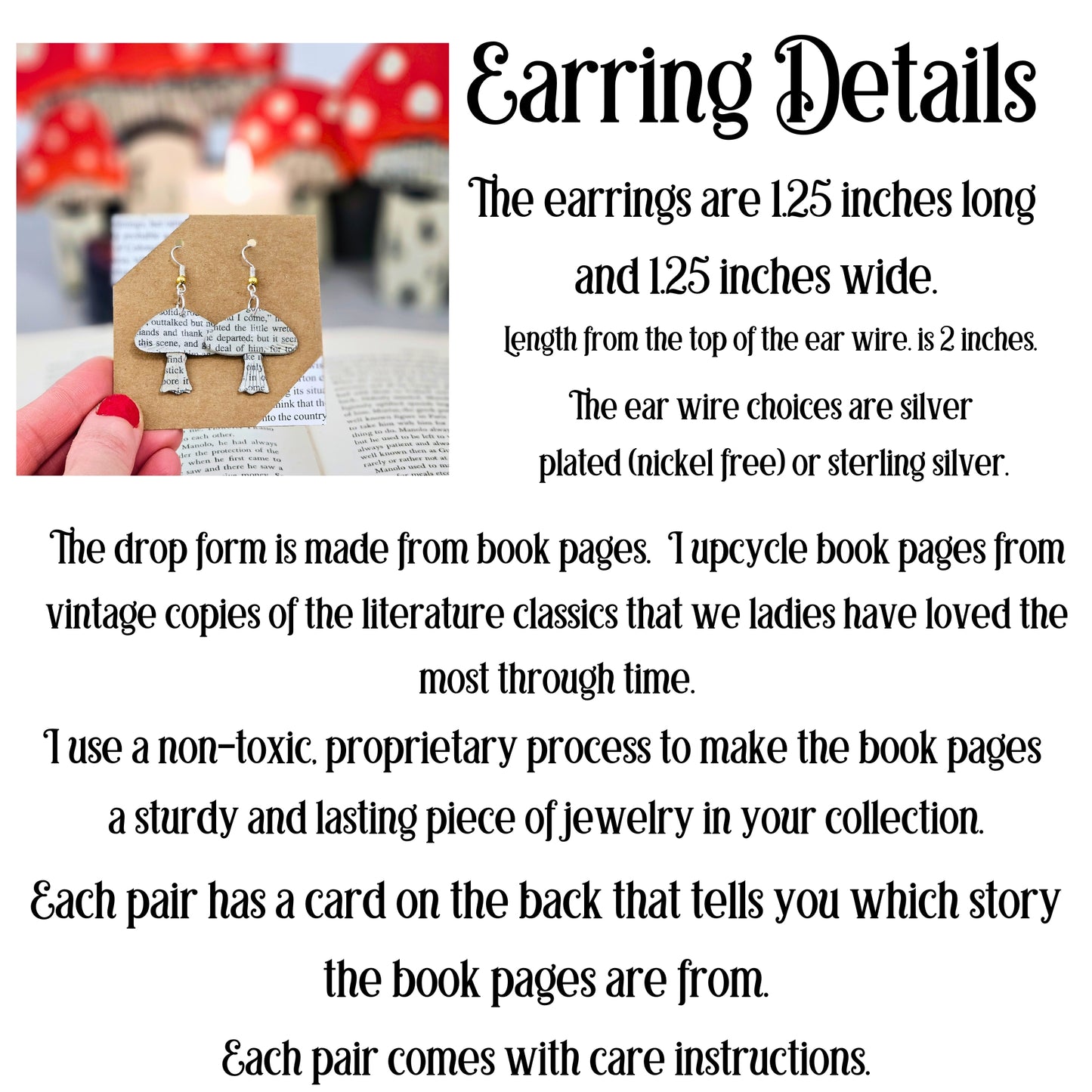 Mushroom Dangle Book Page Earrings for Teacher, Book Lover or Book Club Gift