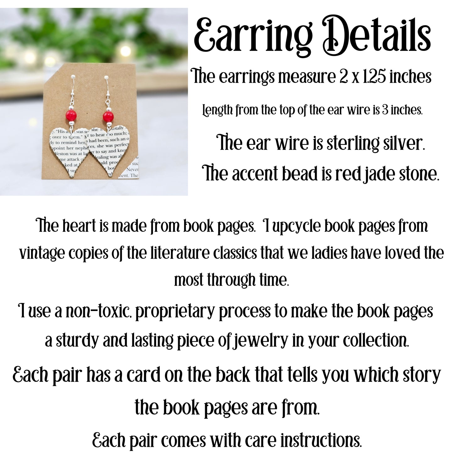 Heart Dangle Book Page Earrings with Red Jade Accent, Gift for Book Lovers, Teachers and Book Clubs